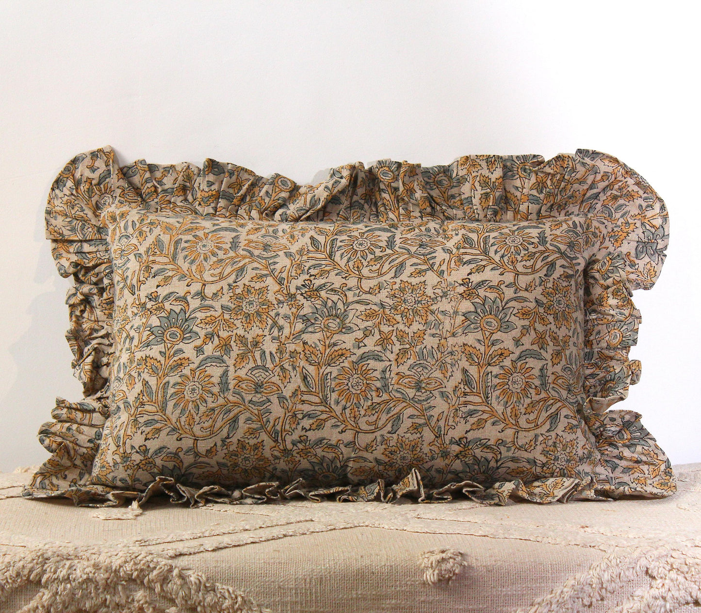 Ruffle Linen Floral Pillow Cover Set: 14x22 & 20x20 Hand Block Printed Cushion | Neutral Boho Throw Pillow | Handmade Farmhouse Decor Gift