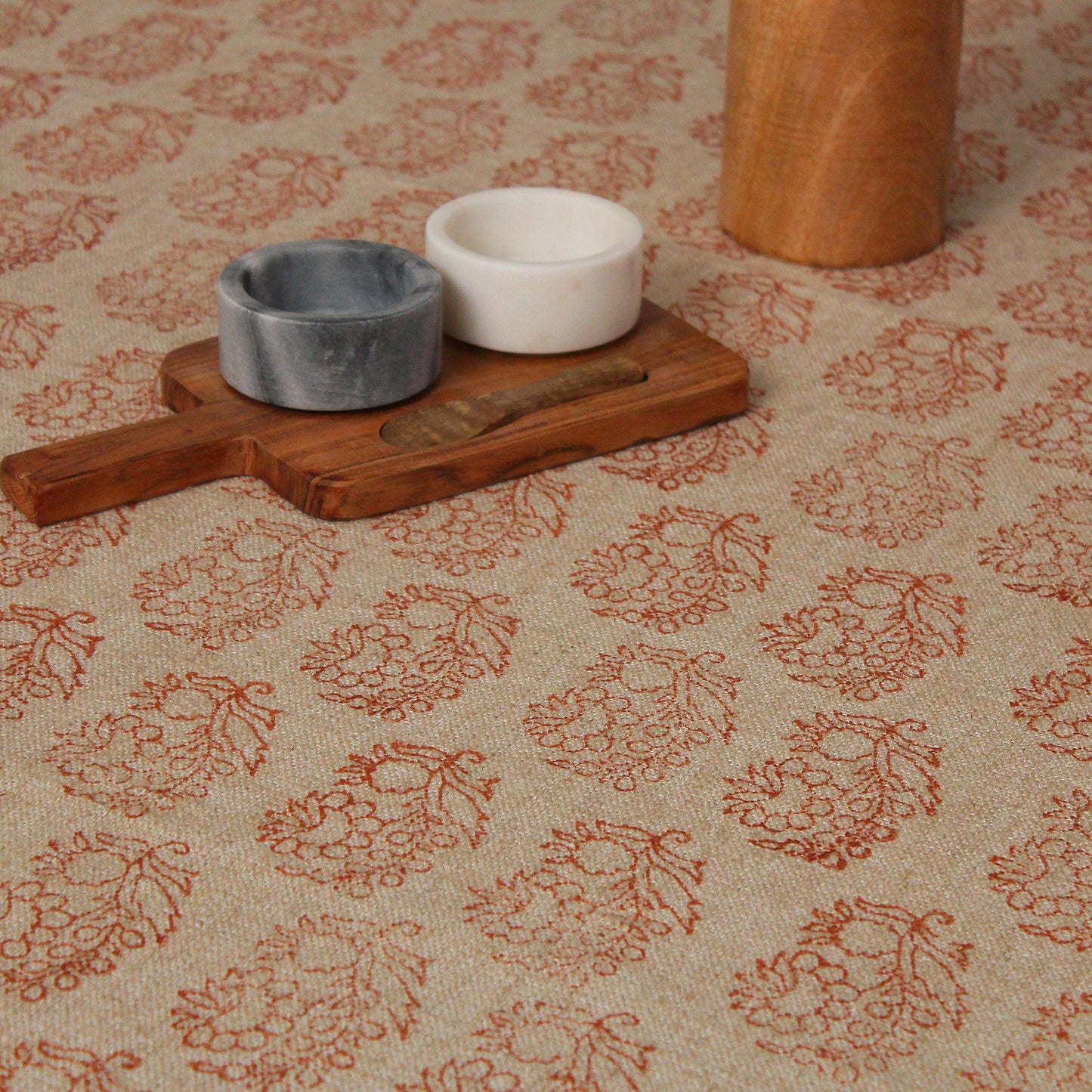Hand Block Printed Floral Linen Tablecloth: Red Boho Table Decor