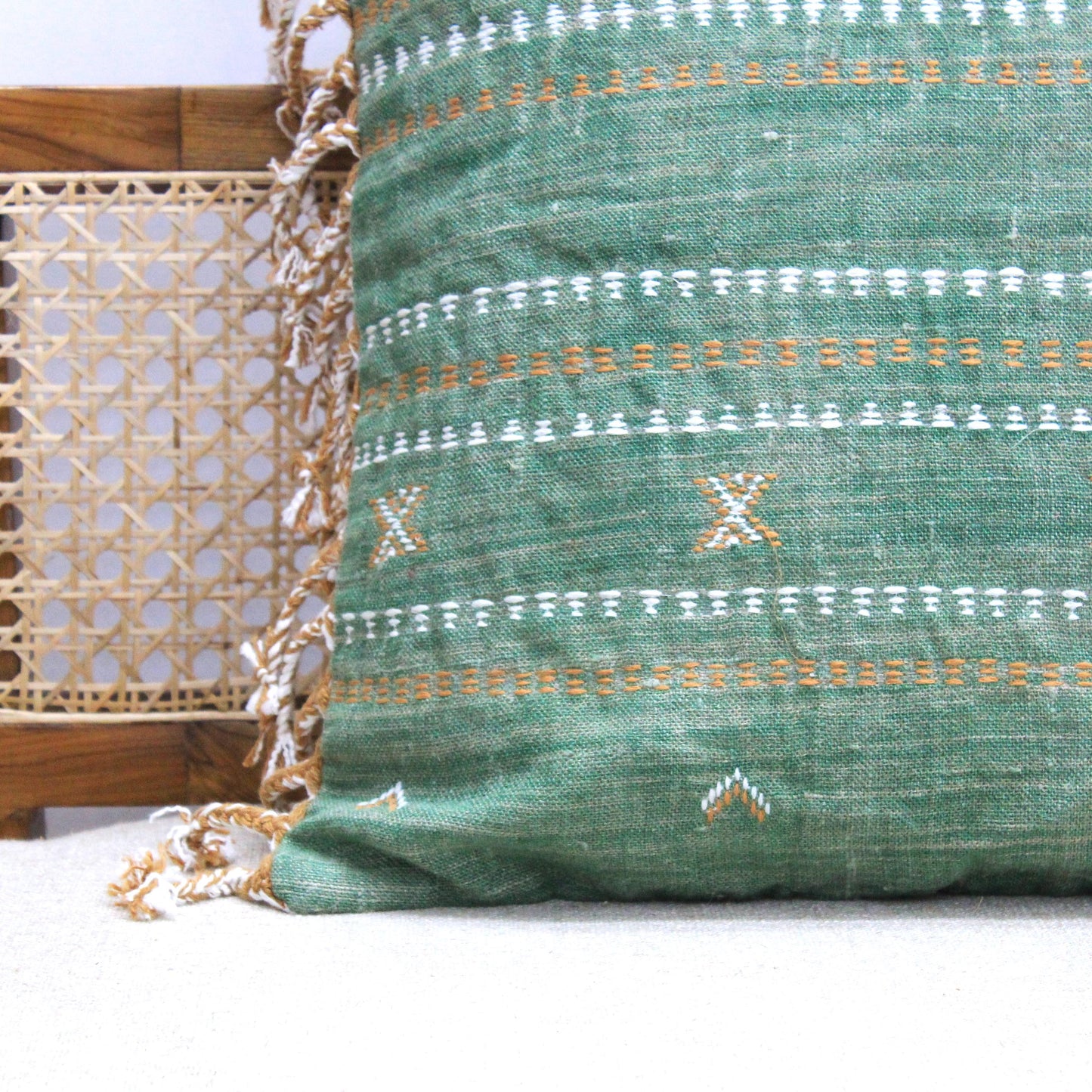 Moroccan Embroidered Linen Pillow Cover: 20x20 Boho Cushion with Tassels | Handmade Cactus Silk Inspired Throw Pillow | Housewarming Gift