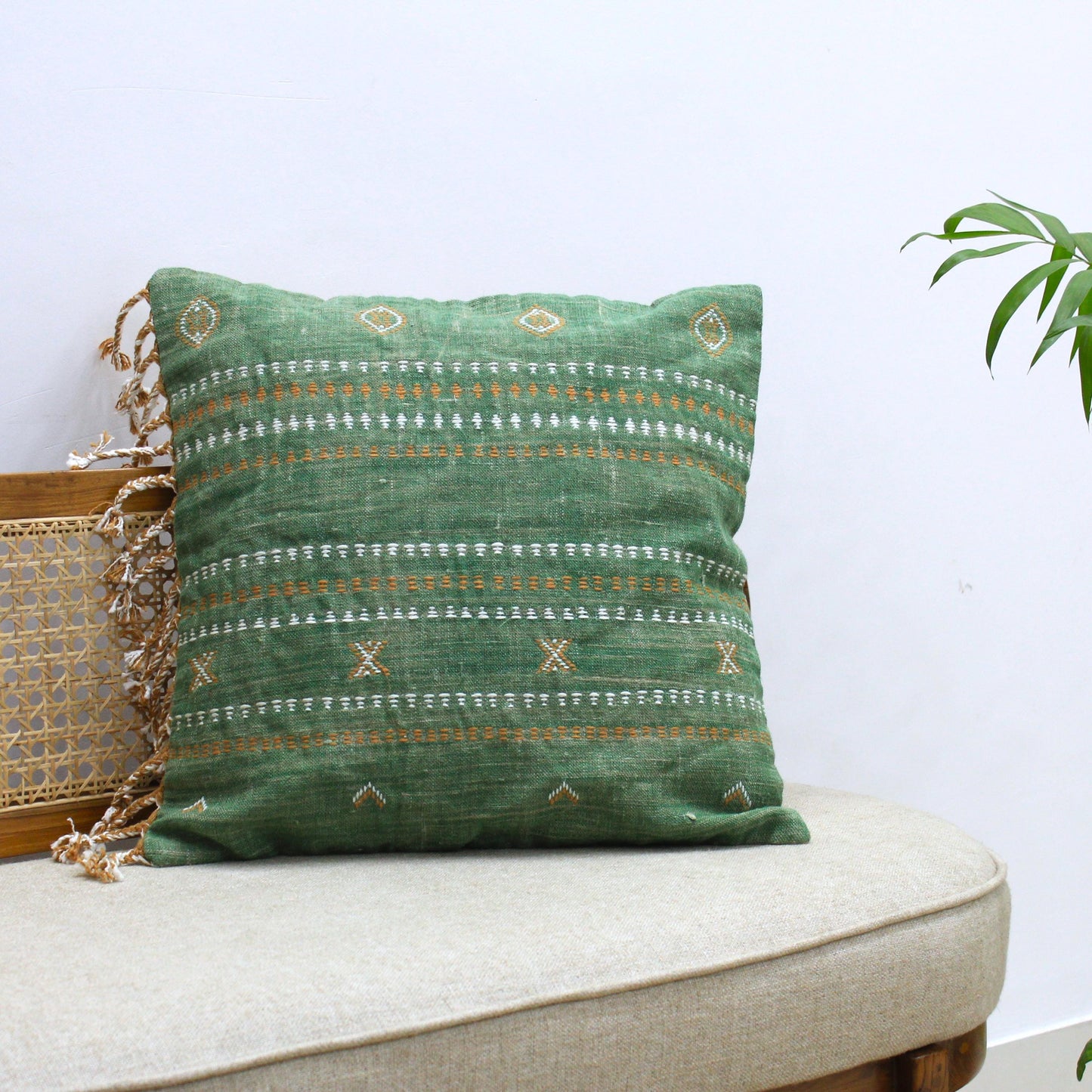 Moroccan Embroidered Linen Pillow Cover: 20x20 Boho Cushion with Tassels | Handmade Cactus Silk Inspired Throw Pillow | Housewarming Gift