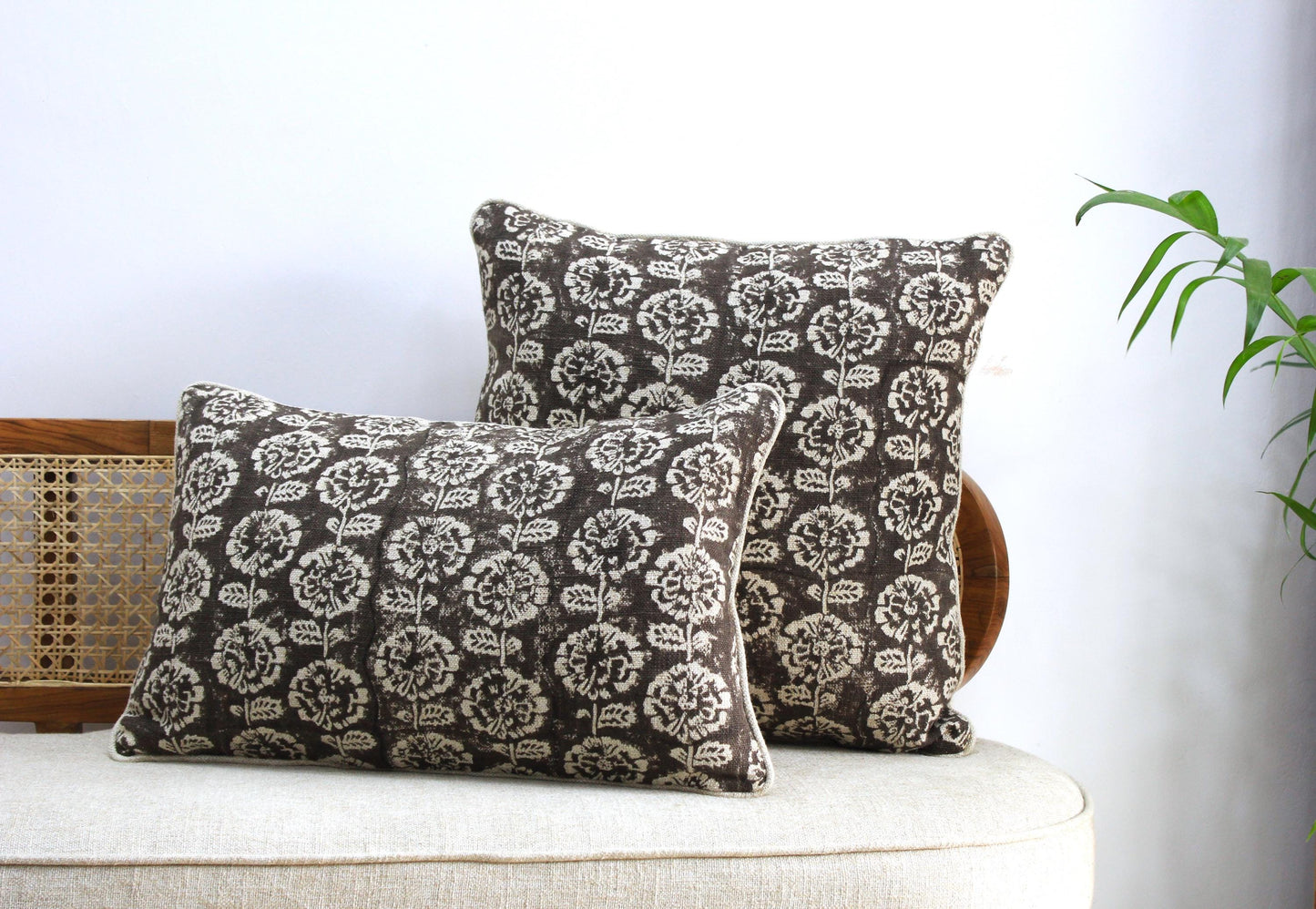 Hand Block Printed Linen Pillow Cover, Choco Brown Floral, Boho Farmhouse