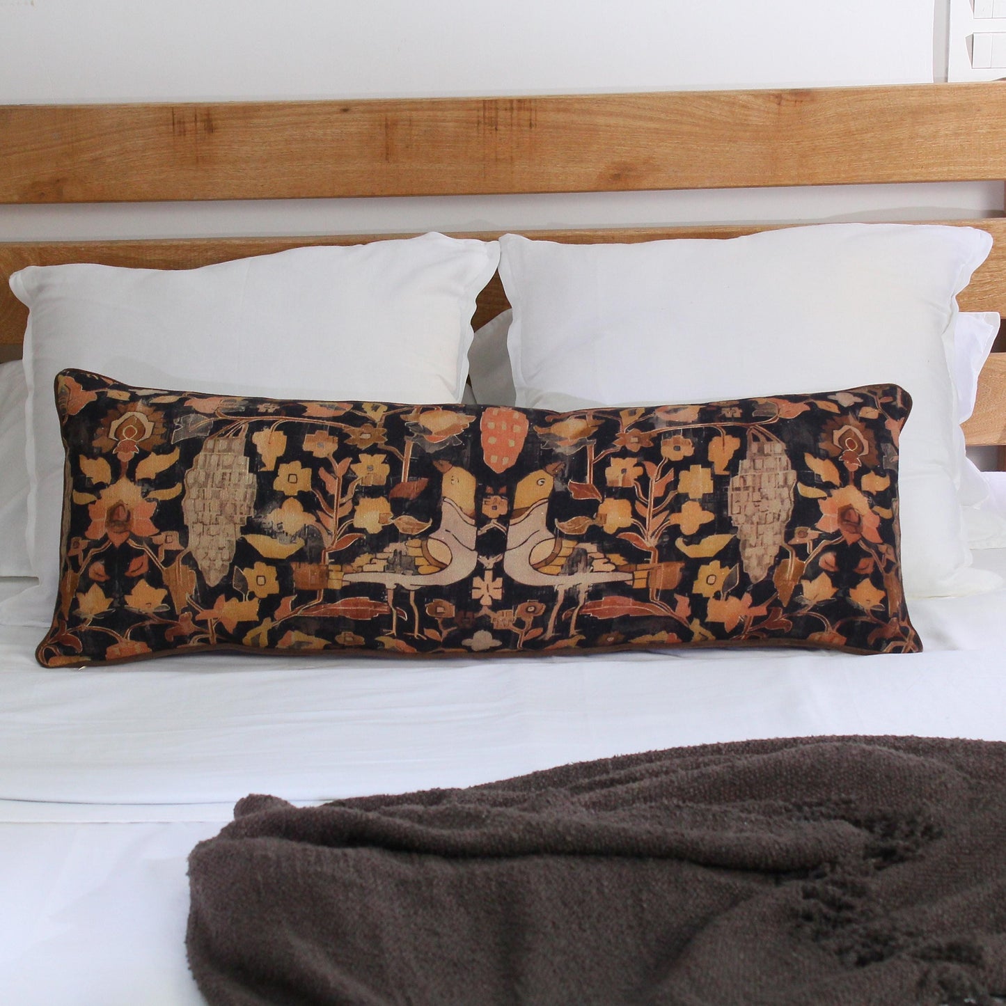 Hand Block Printed Bird Lumbar Pillow Cover: 14x40 Mud Cloth Cushion Cover | Long Boho Sofa Pillow | Handmade Decorative Couch Pillow Cover