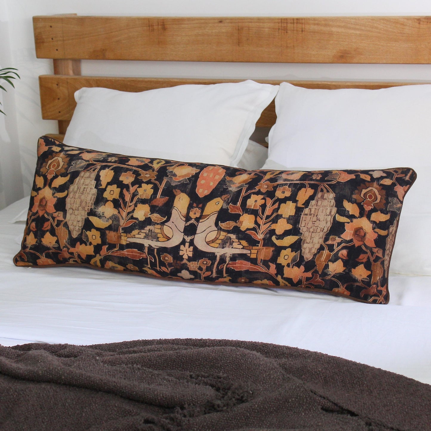 Hand Block Printed Bird Lumbar Pillow Cover: 14x40 Mud Cloth Cushion Cover | Long Boho Sofa Pillow | Handmade Decorative Couch Pillow Cover