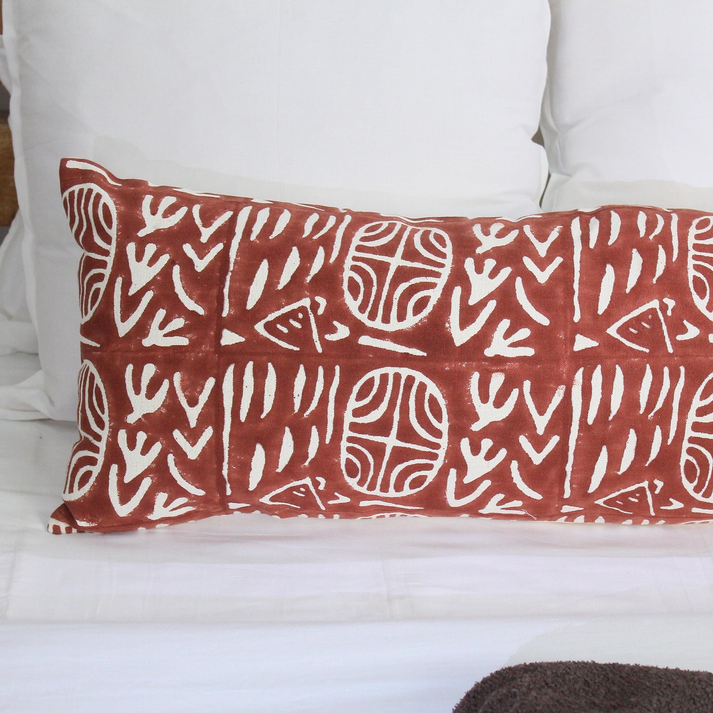 Hand Block Printed Lumbar Pillow Cover: Rust Brown Tribal Mudcloth, 14x40 Boho Decor