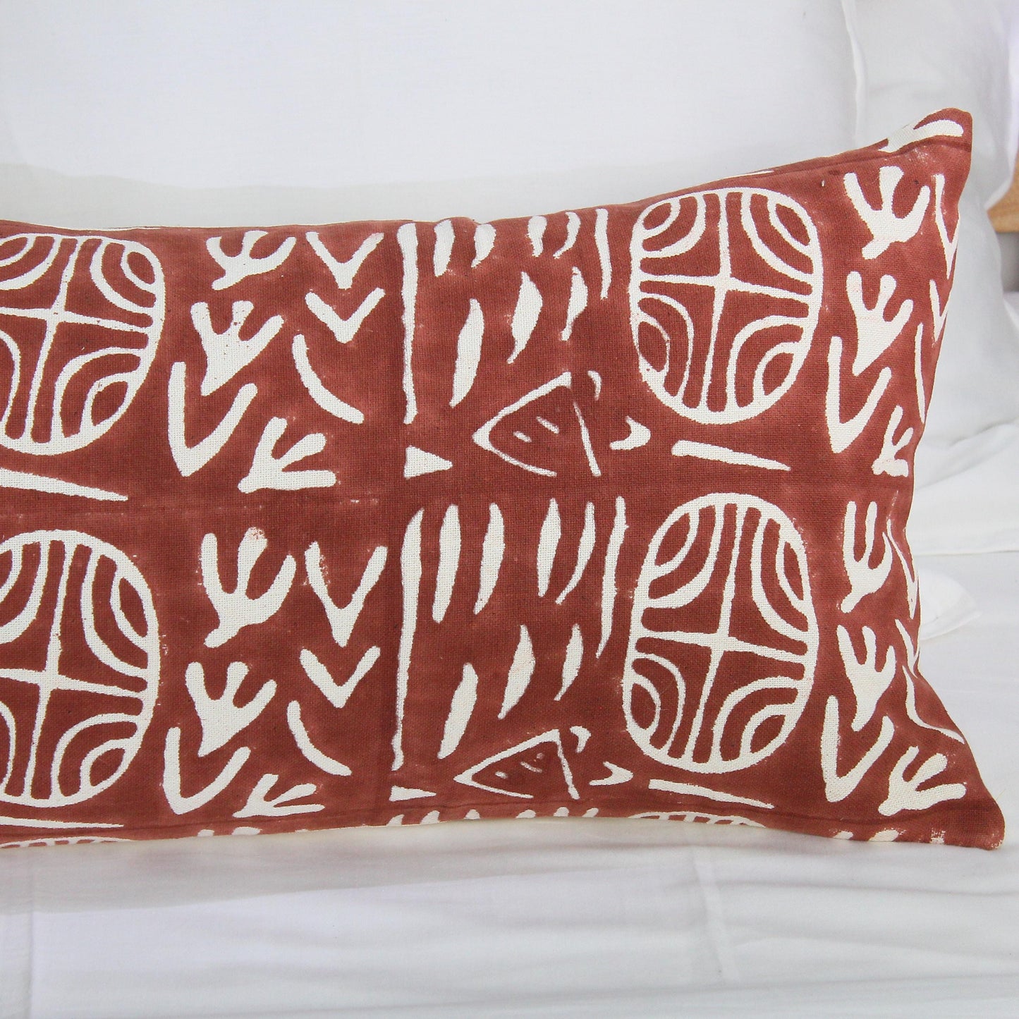 Hand Block Printed Lumbar Pillow Cover: Rust Brown Tribal Mudcloth, 14x40 Boho Decor