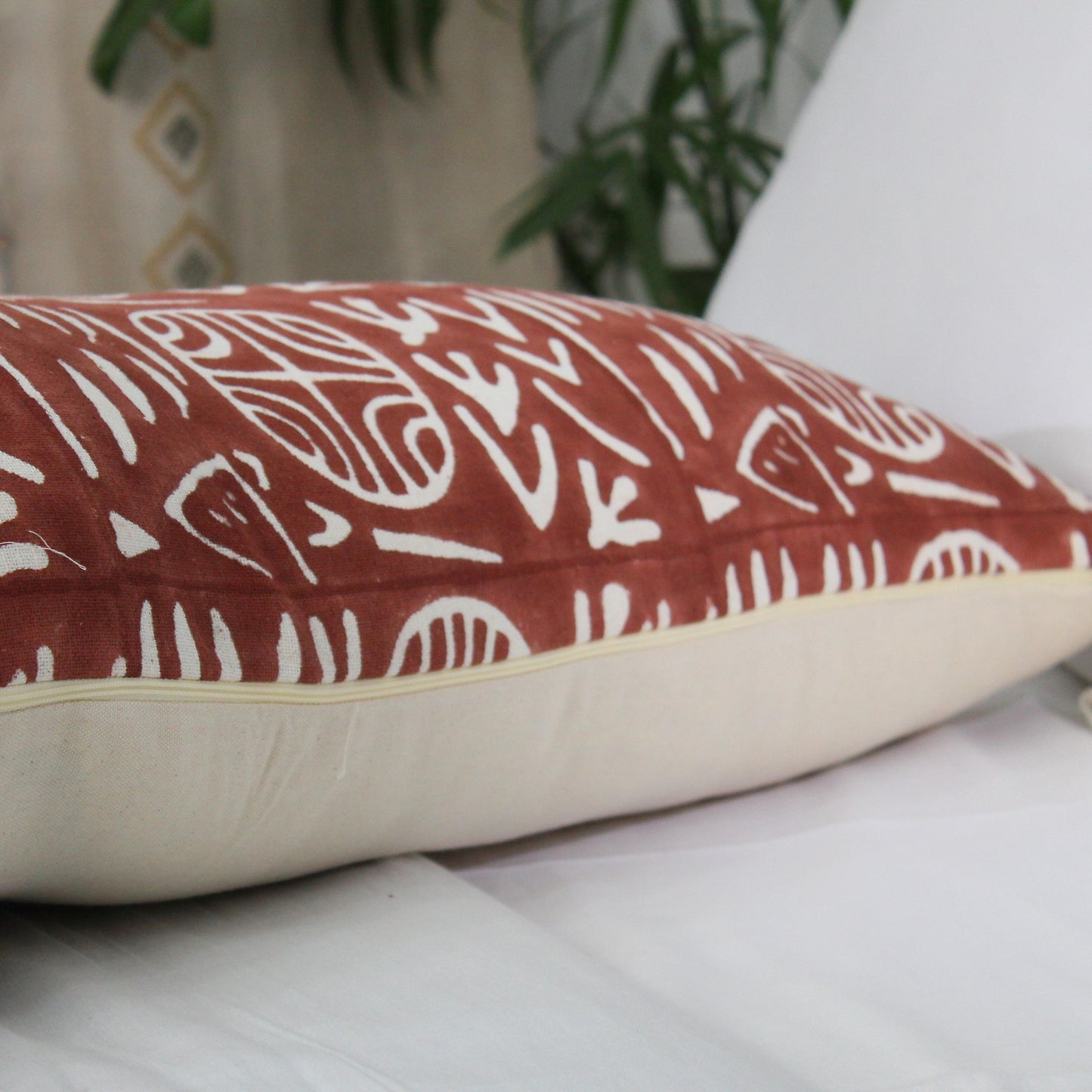 Hand Block Printed Lumbar Pillow Cover: Rust Brown Tribal Mudcloth, 14x40 Boho Decor