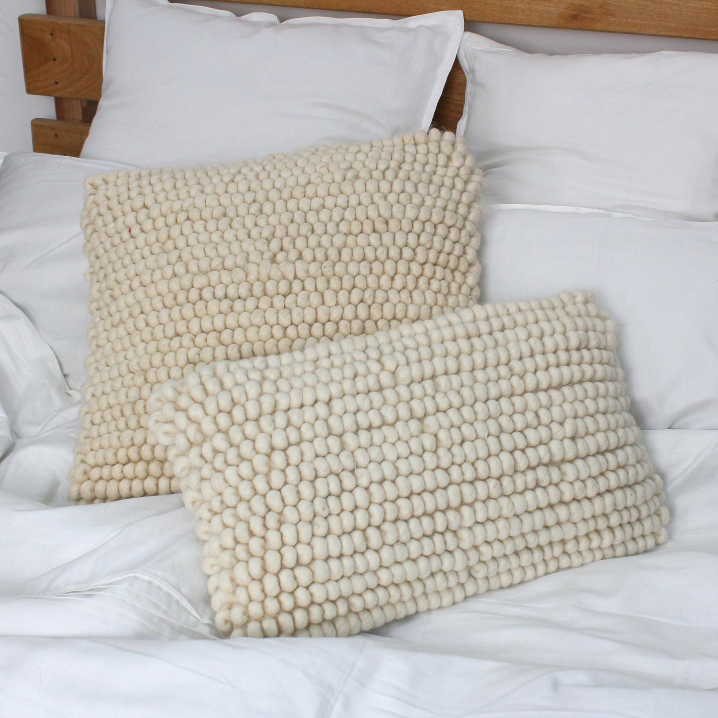 Handwoven Wool Pillow Cover Set: Ivory Boho Popcorn Texture Cushions