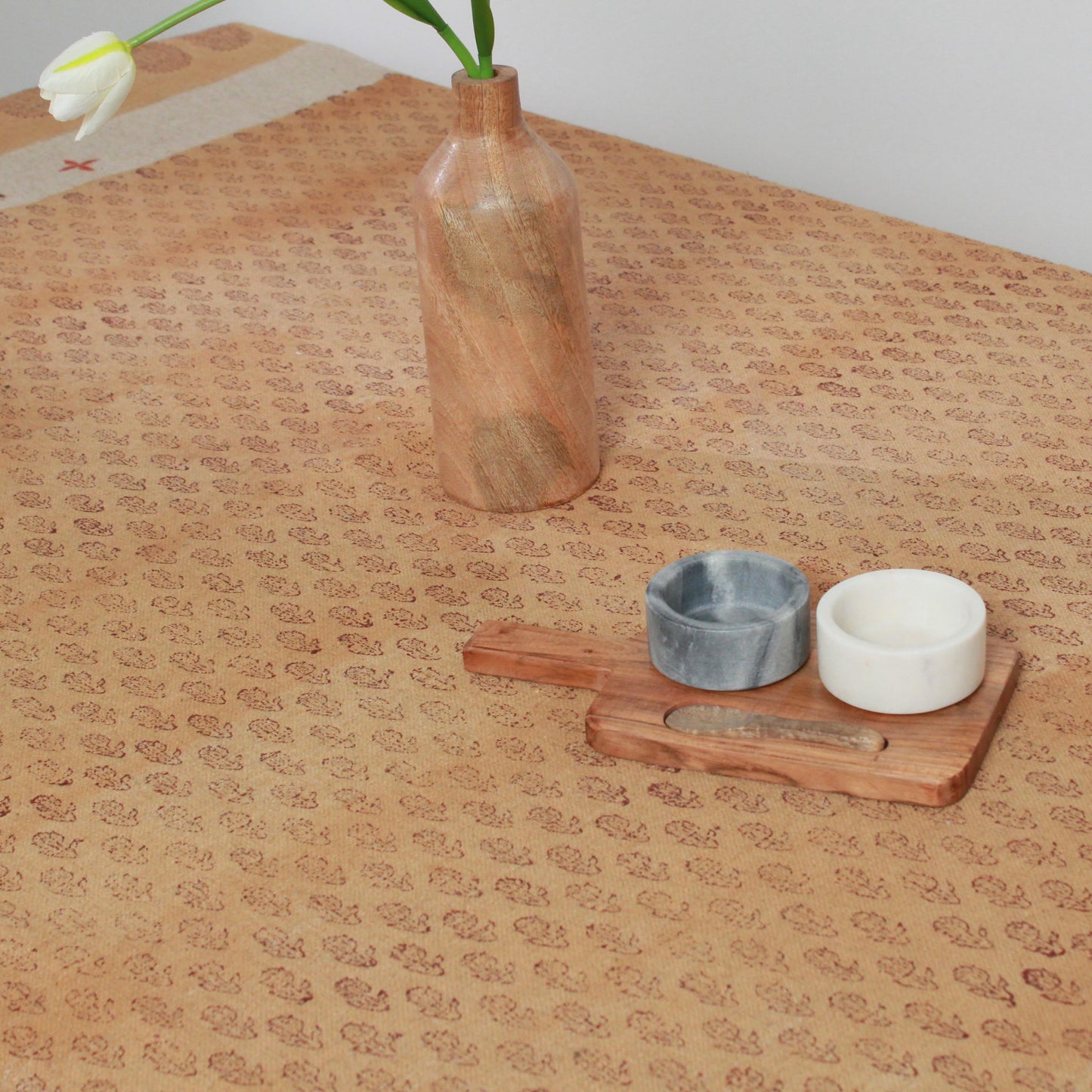 Peach Floral Linen Tablecloth: Hand Block Printed 52x70 Rectangle