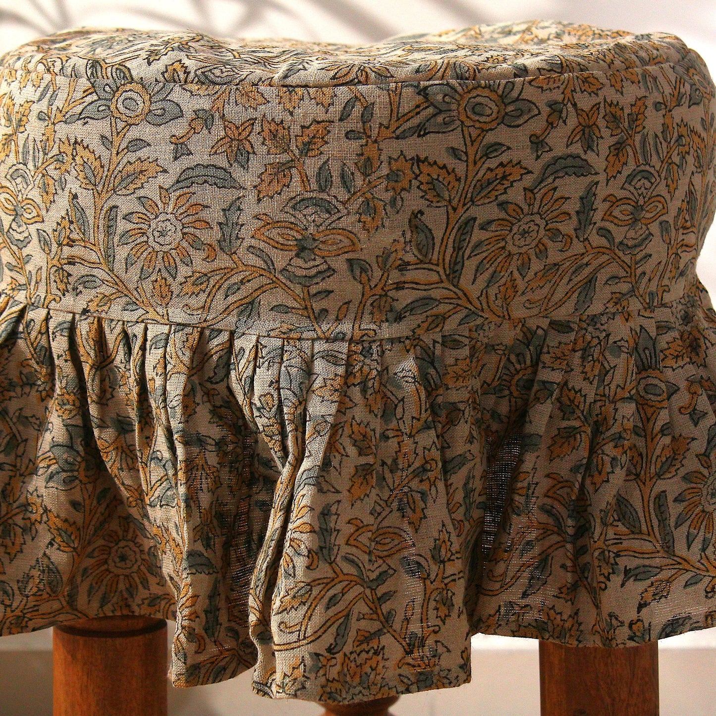 Floral Linen Barstool Cover: 14 Inch Hand Block Printed Seat Cover | Farmhouse Cotton Stool Cover | Custom Round Chair Slip Cover