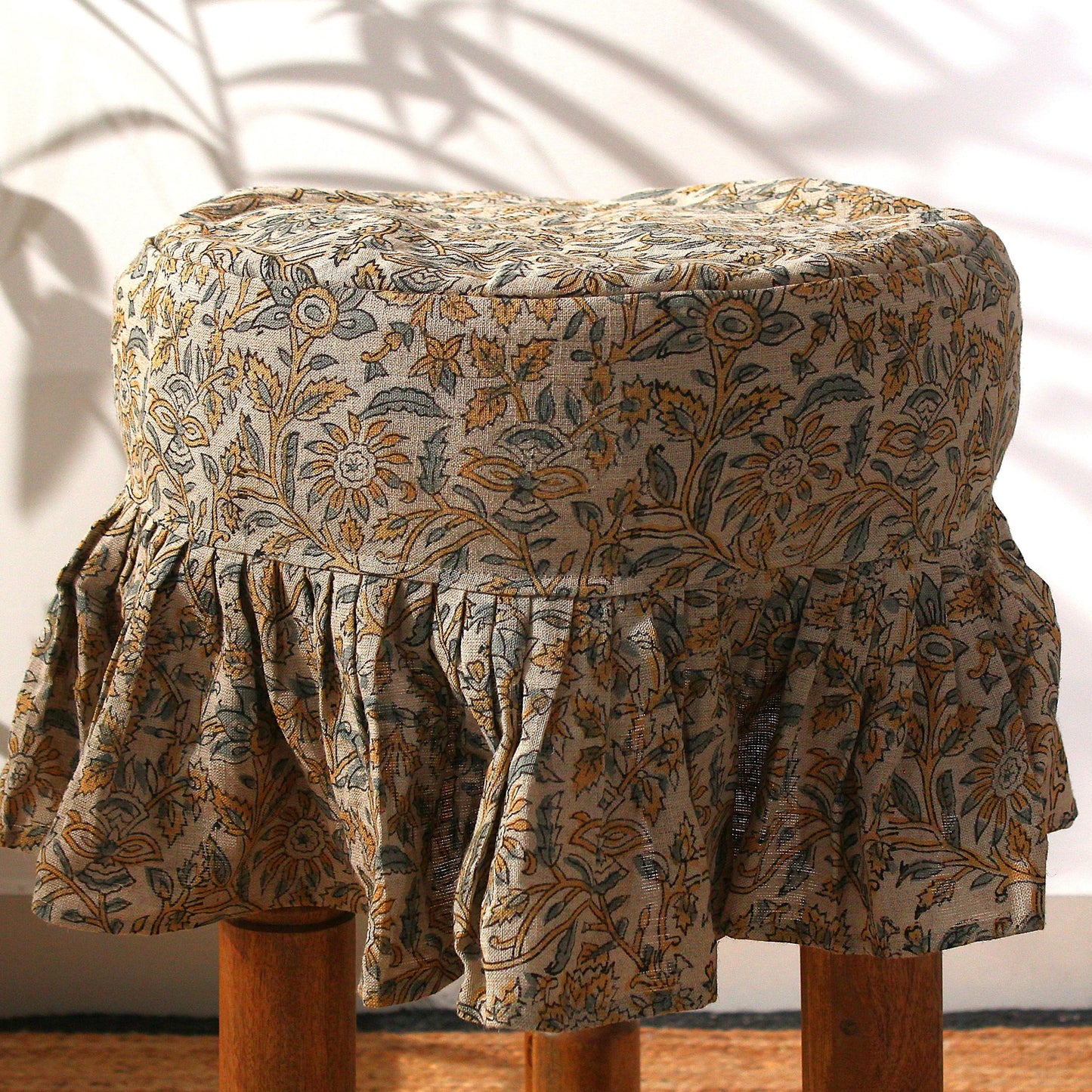 Floral Linen Barstool Cover: 14 Inch Hand Block Printed Seat Cover | Farmhouse Cotton Stool Cover | Custom Round Chair Slip Cover