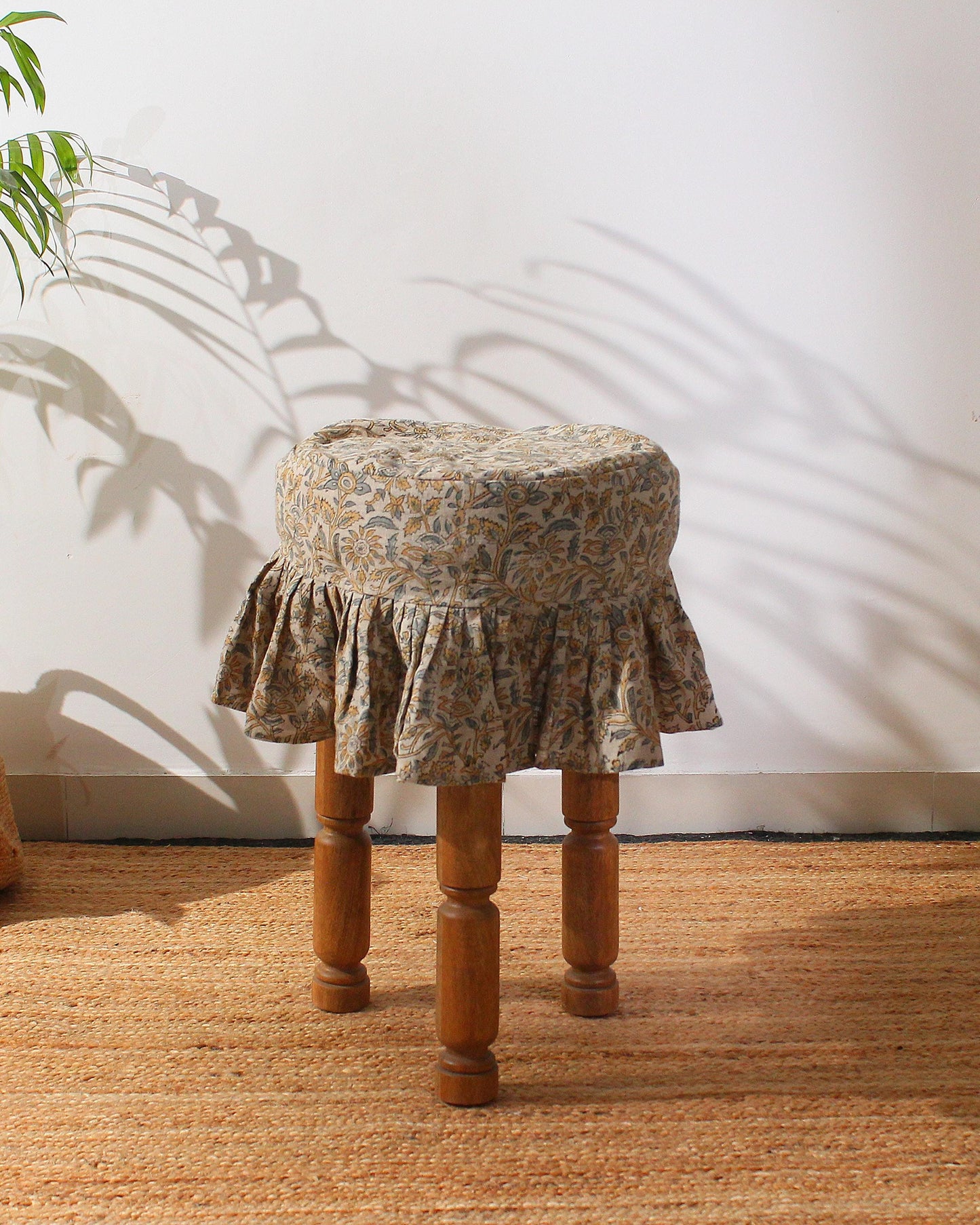 Floral Linen Barstool Cover: 14 Inch Hand Block Printed Seat Cover | Farmhouse Cotton Stool Cover | Custom Round Chair Slip Cover