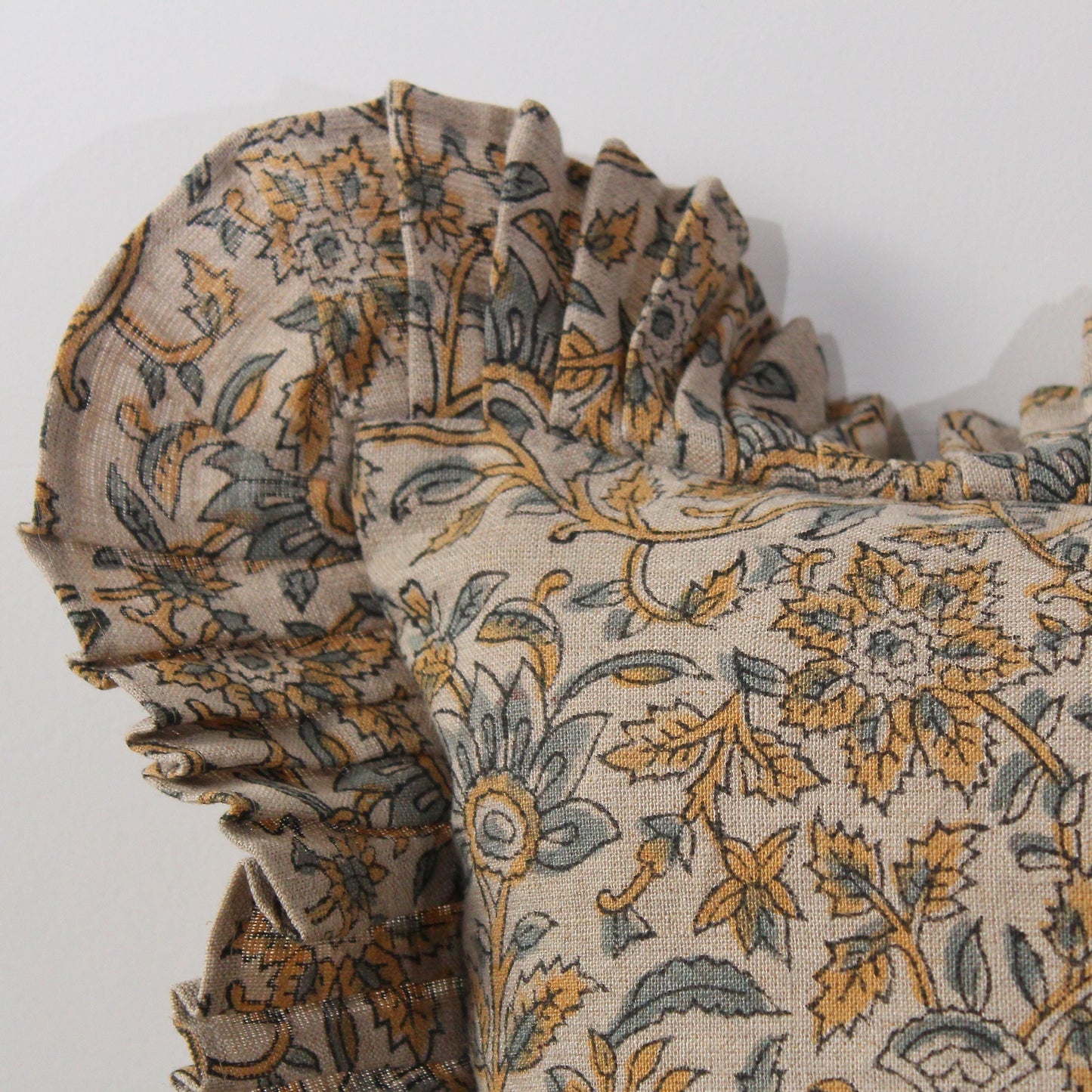 Ruffle Linen Floral Pillow Cover Set: 14x22 & 20x20 Hand Block Printed Cushion | Neutral Boho Throw Pillow | Handmade Farmhouse Decor Gift