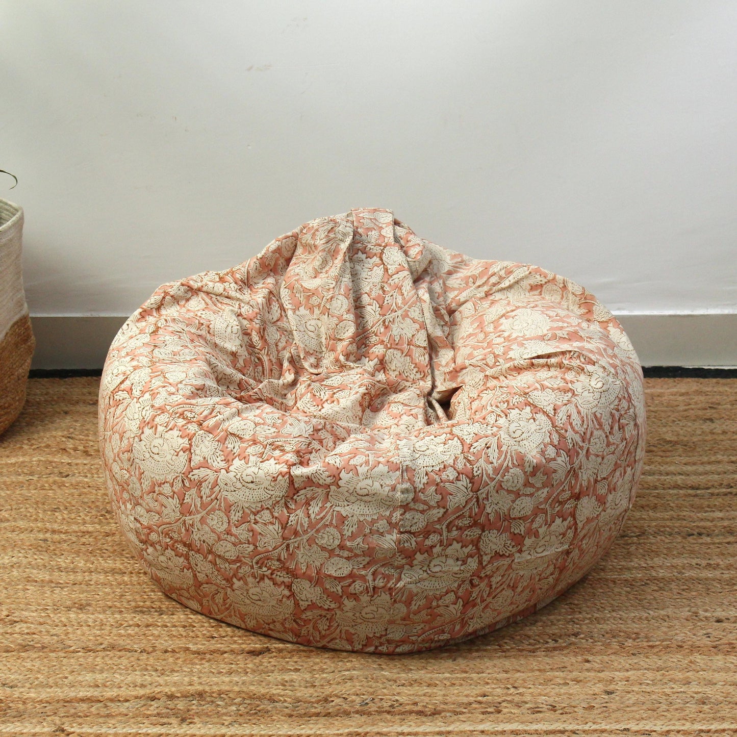 Floral Hand Block Print Bean Bag Cover:  96" Cotton Bean Bag Chair Cover | Boho Seating for Living Room, Bedroom, or Kids’ Space