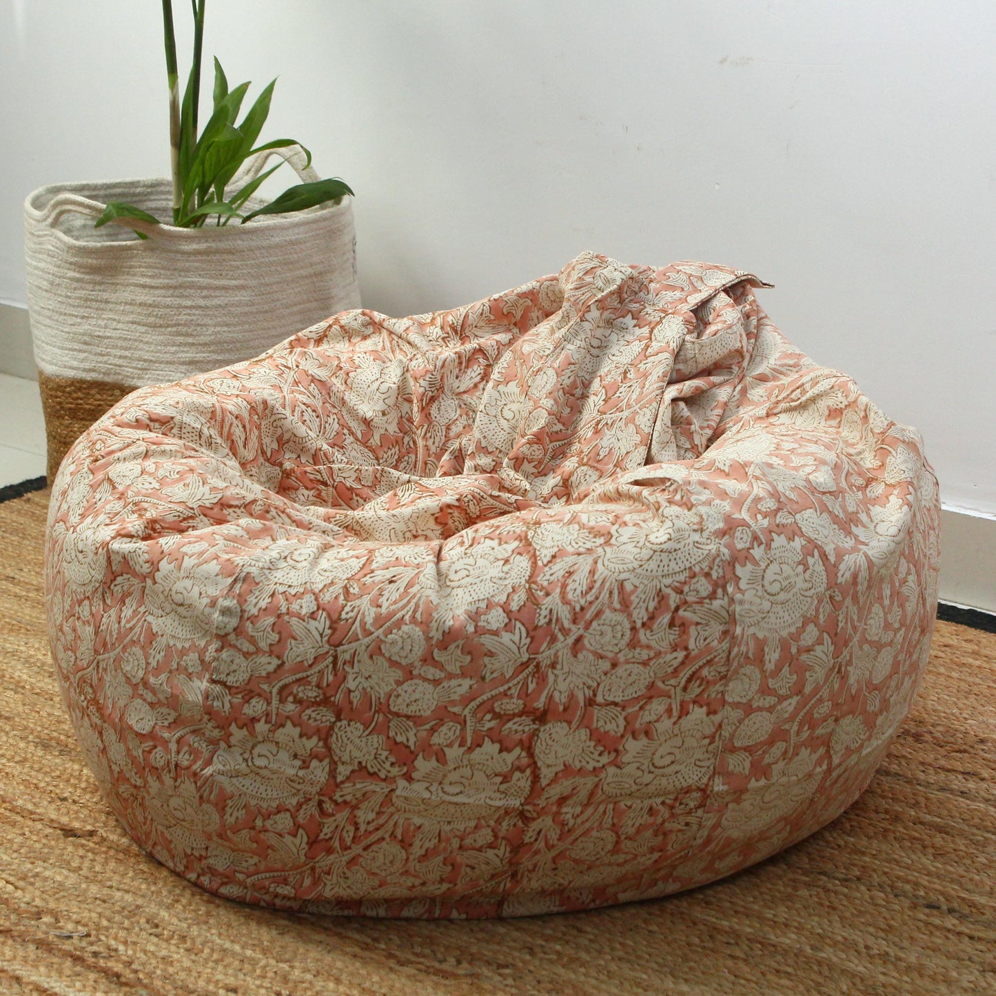 Floral Hand Block Print Bean Bag Cover:  96" Cotton Bean Bag Chair Cover | Boho Seating for Living Room, Bedroom, or Kids’ Space