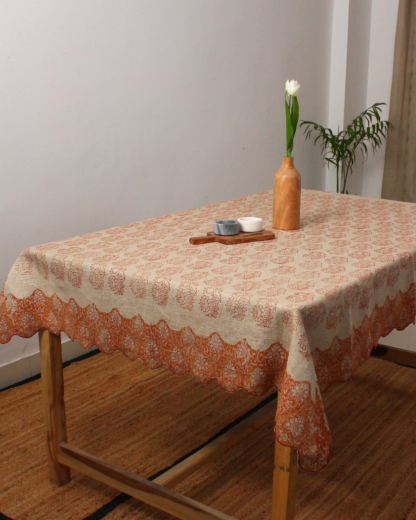Hand Block Printed Floral Linen Tablecloth: Red Boho Table Decor
