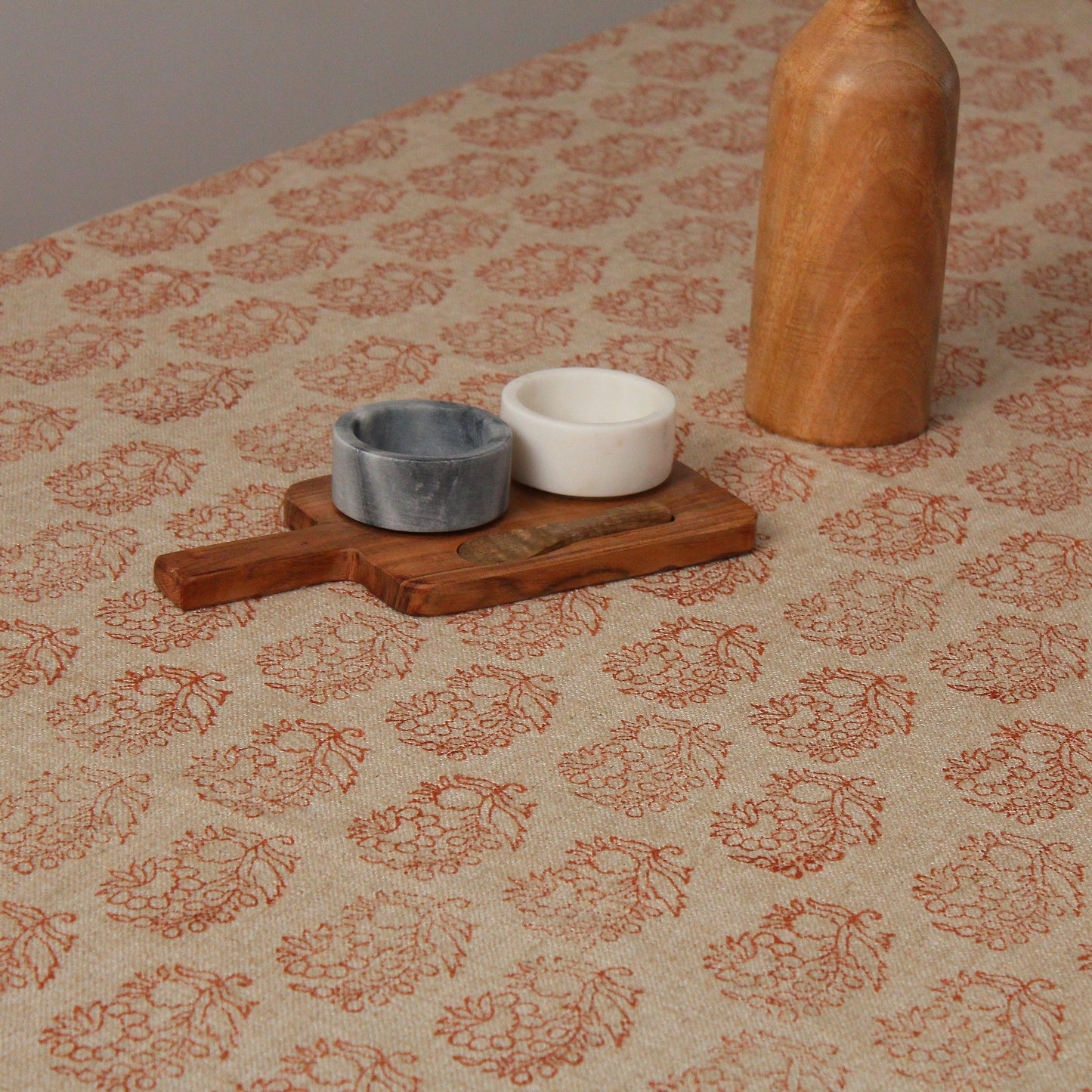 Hand Block Printed Floral Linen Tablecloth: Red Boho Table Decor