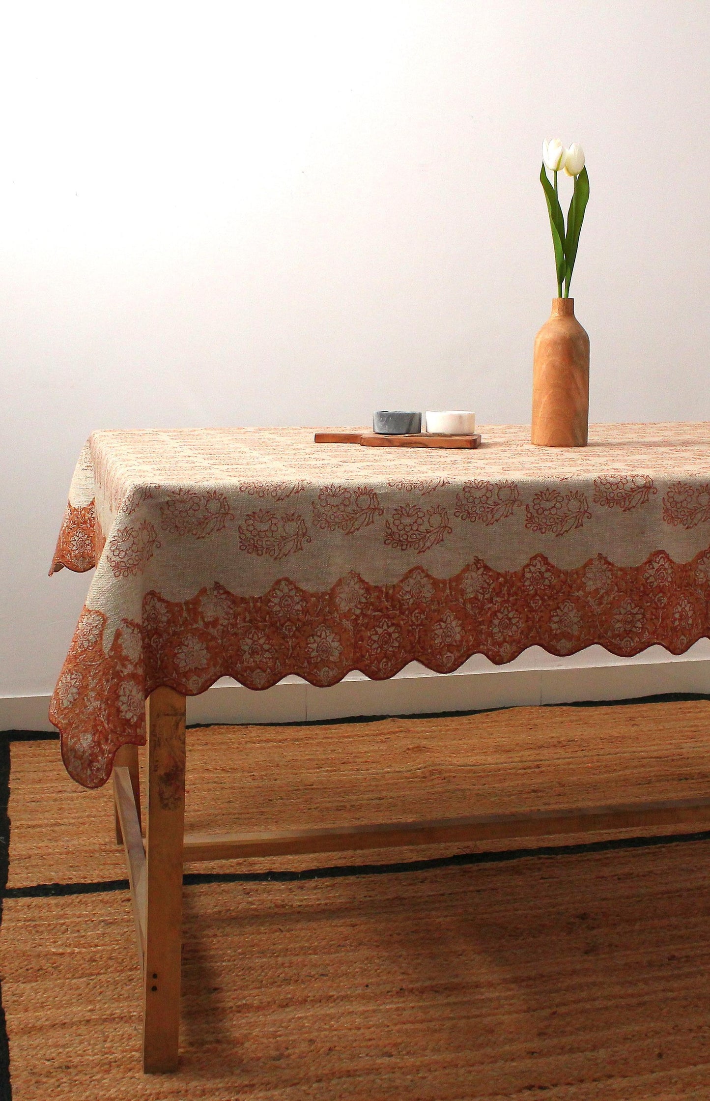 Hand Block Printed Floral Linen Tablecloth: Red Boho Table Decor