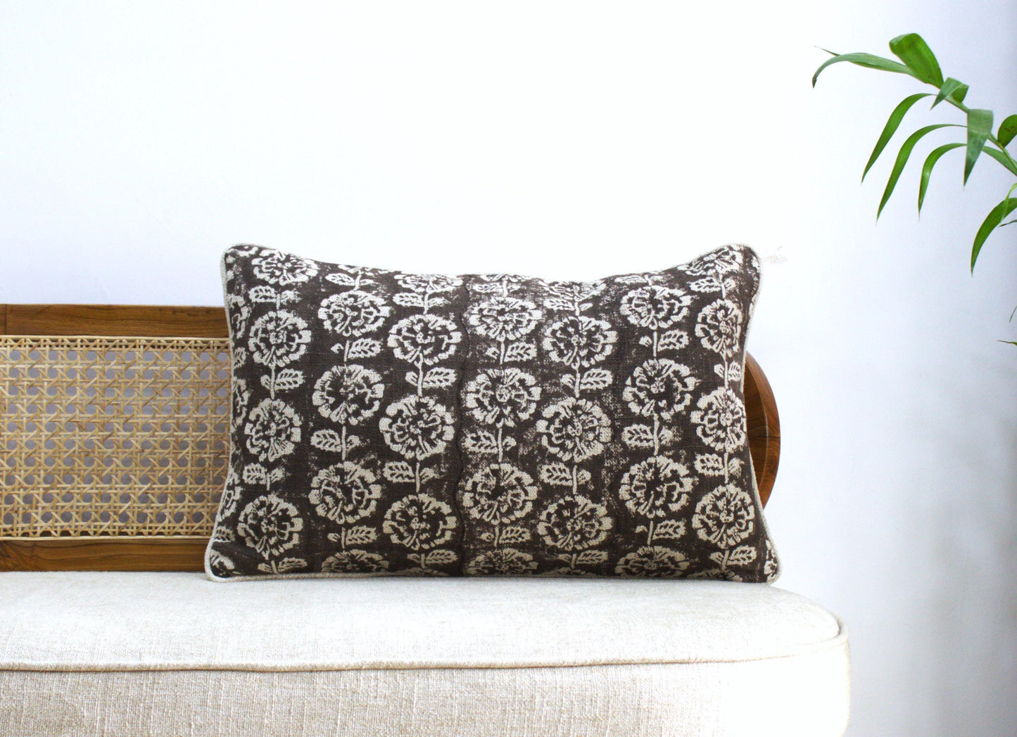 Hand Block Printed Linen Pillow Cover, Choco Brown Floral, Boho Farmhouse
