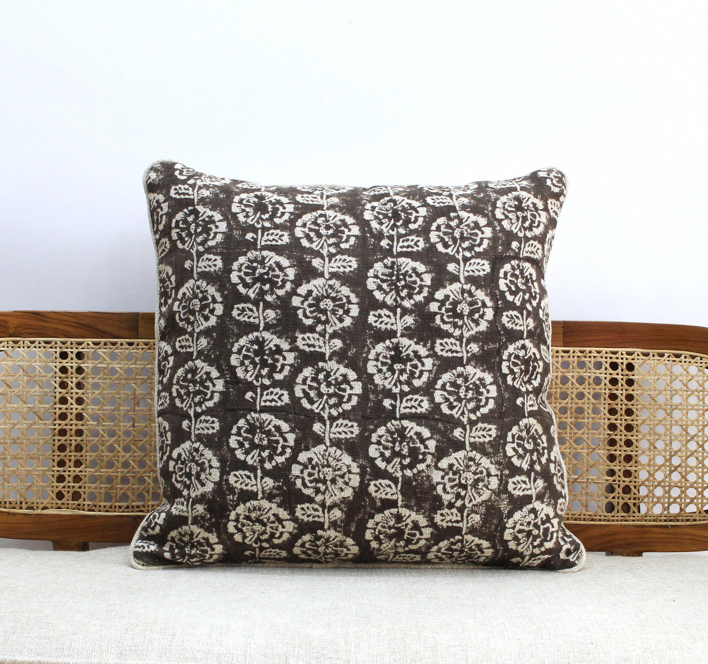 Hand Block Printed Linen Pillow Cover, Choco Brown Floral, Boho Farmhouse