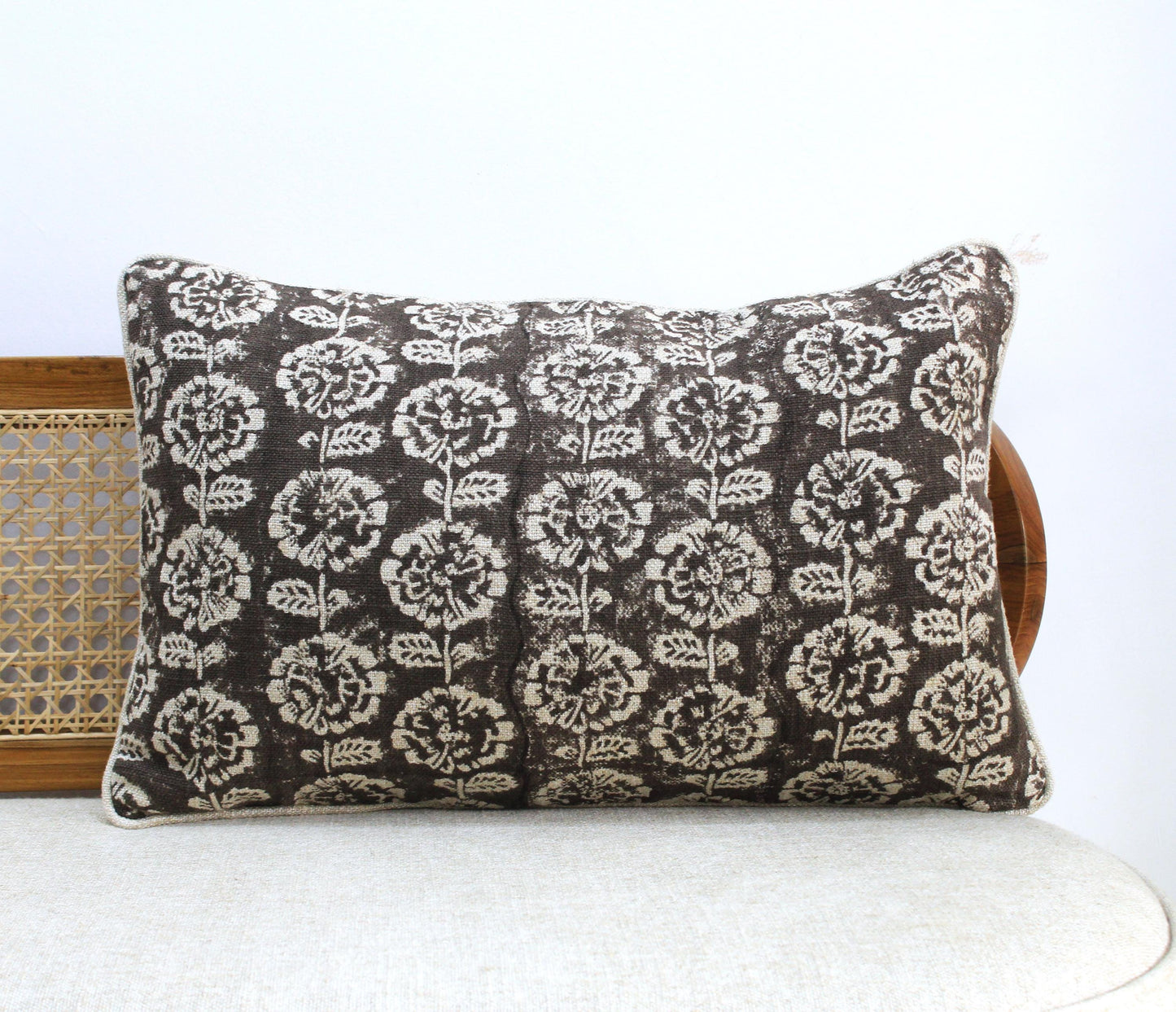 Hand Block Printed Linen Pillow Cover, Choco Brown Floral, Boho Farmhouse