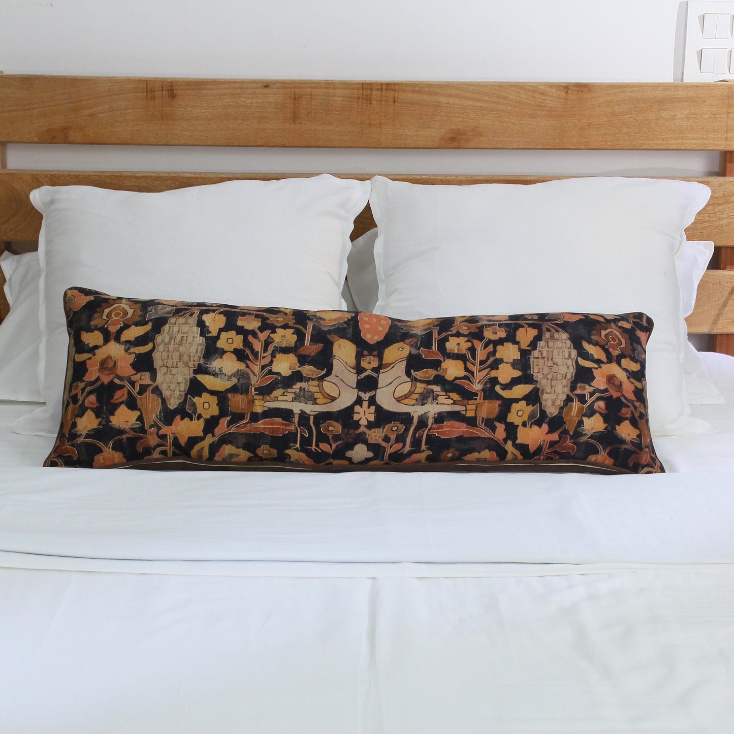 Hand Block Printed Bird Lumbar Pillow Cover: 14x40 Mud Cloth Cushion Cover | Long Boho Sofa Pillow | Handmade Decorative Couch Pillow Cover