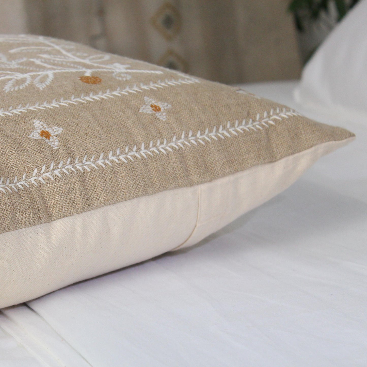Floral Embroidered Linen Pillow Cover: Handcrafted Farmhouse Cushion