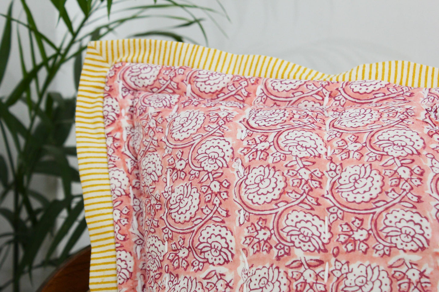 Pink Floral Kantha Quilted Pillow Cover: Hand Block Print, Boho Decor