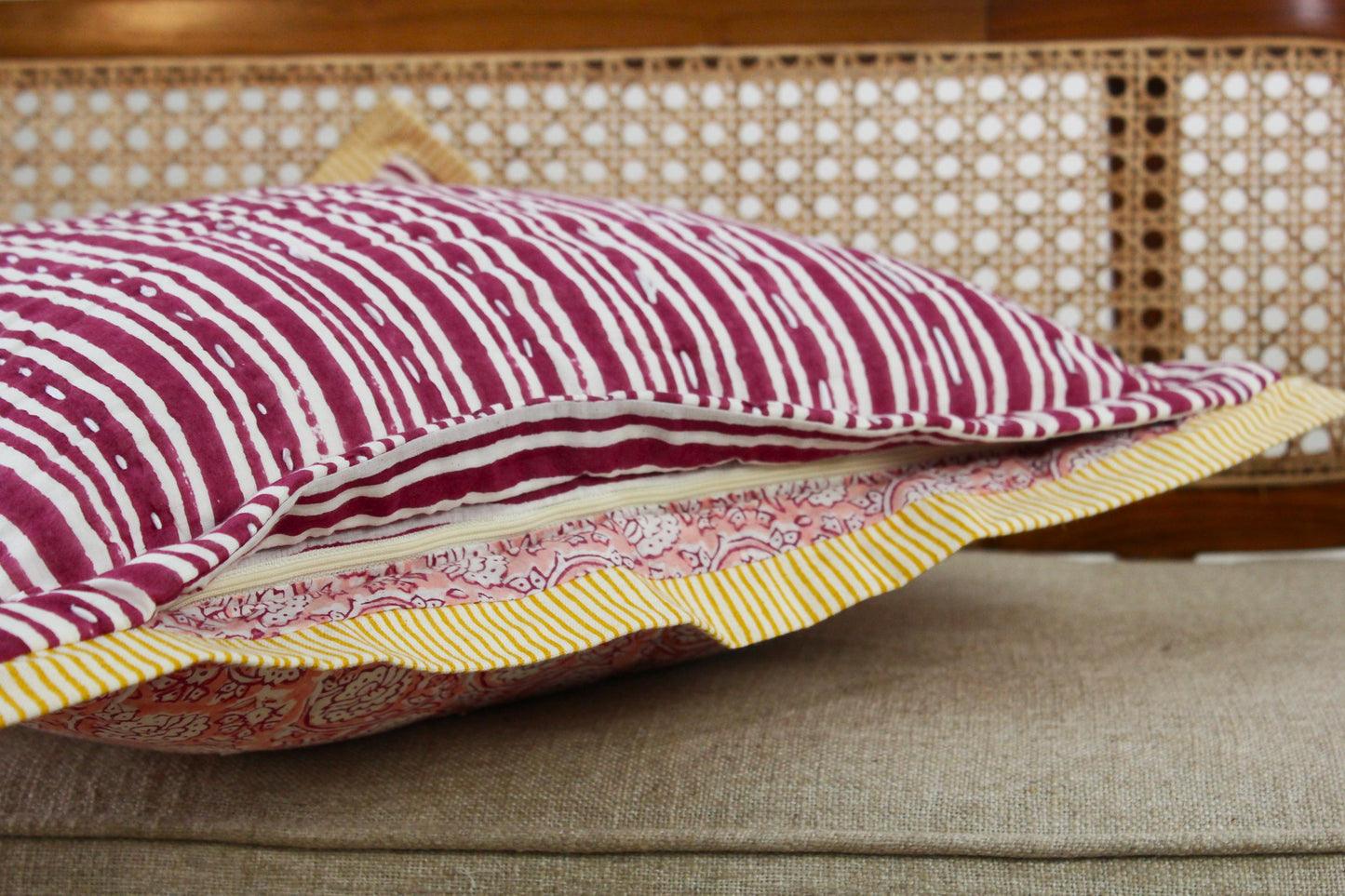 Pink Floral Kantha Quilted Pillow Cover: Hand Block Print, Boho Decor