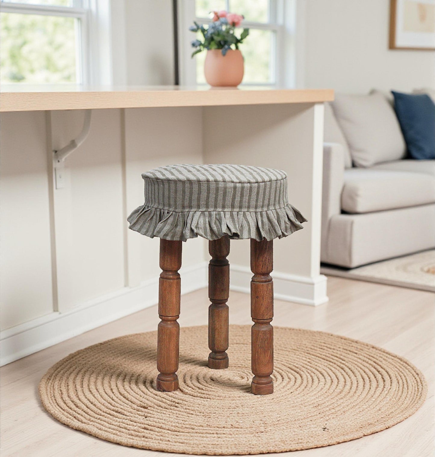Linen Bar Stool Slipcover, Hand Block Printed Stripe, Farmhouse Ruffle Cover
