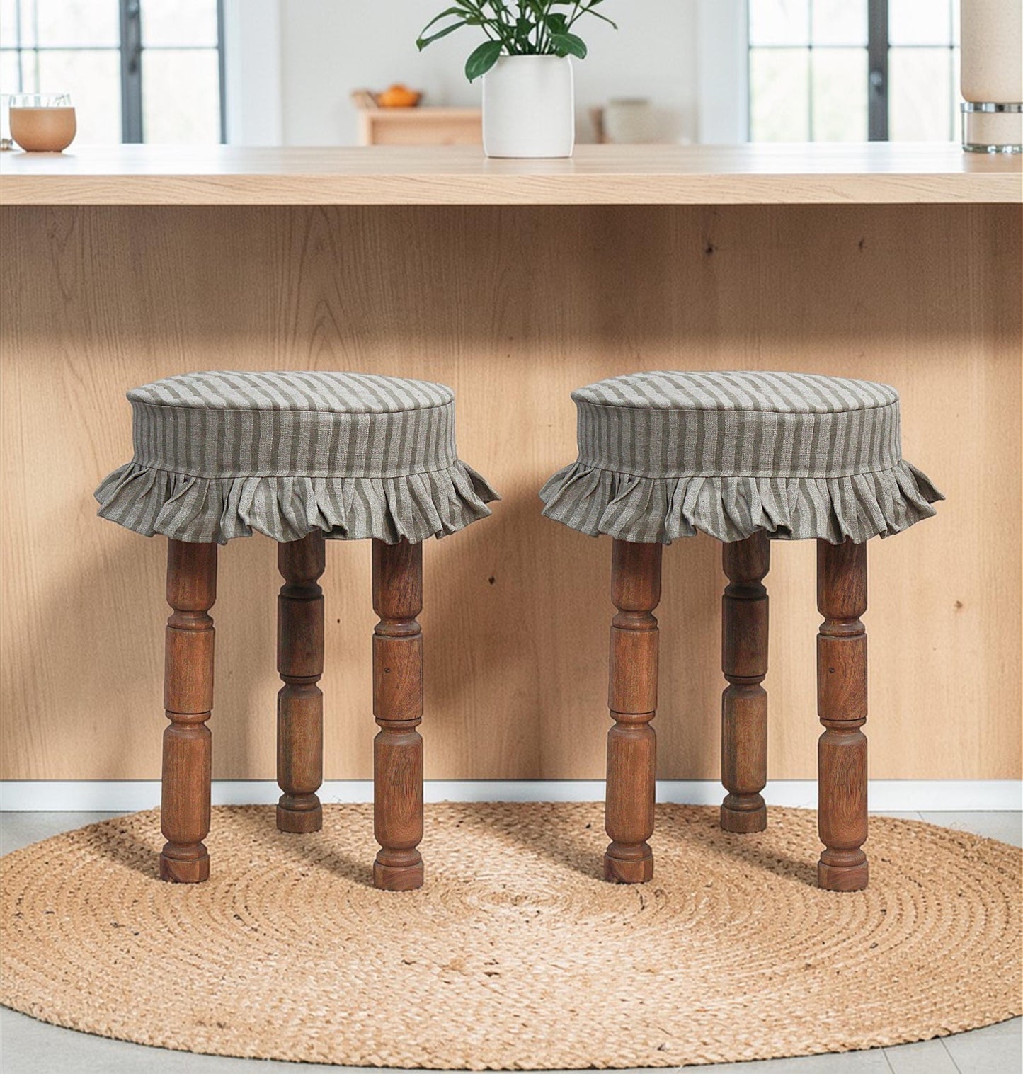 Linen Bar Stool Slipcover, Hand Block Printed Stripe, Farmhouse Ruffle Cover