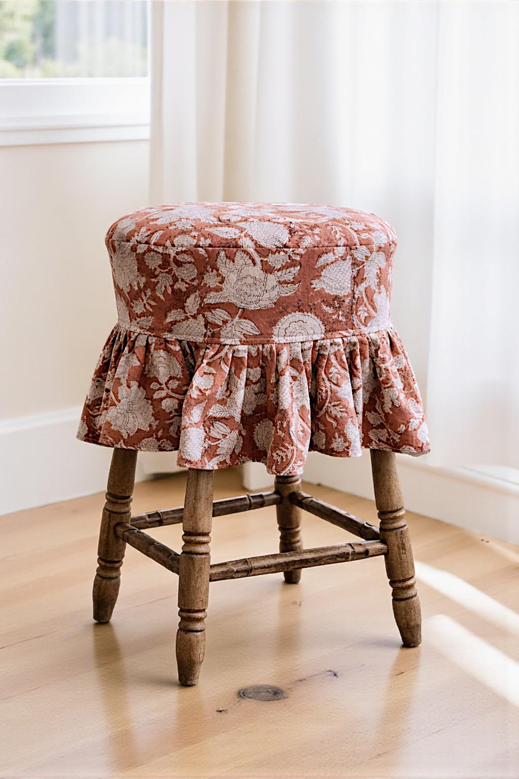Hand Block Printed Floral Cotton Linen Bar Stool Cover: Farmhouse Slipcover