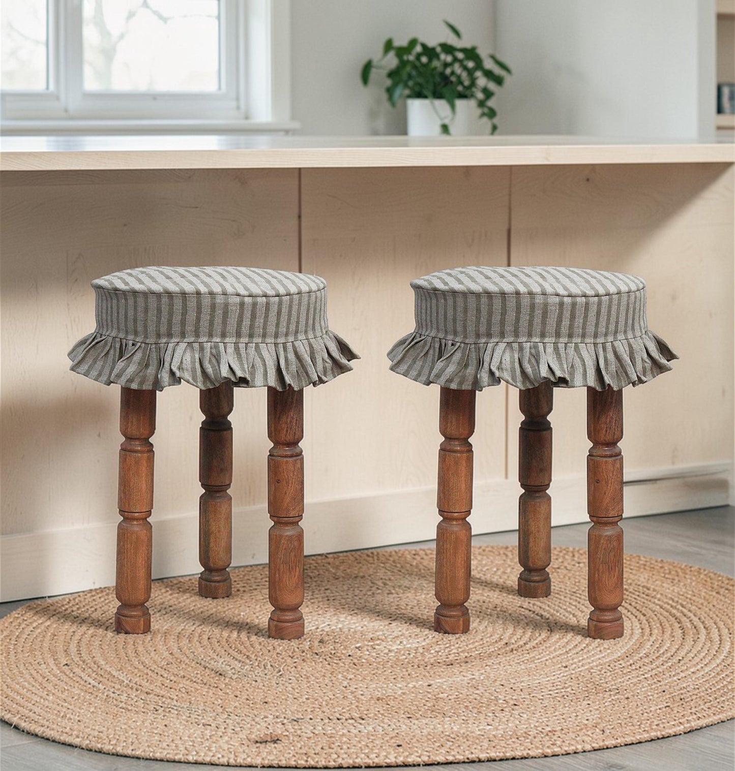 Linen Bar Stool Slipcover, Hand Block Printed Stripe, Farmhouse Ruffle Cover