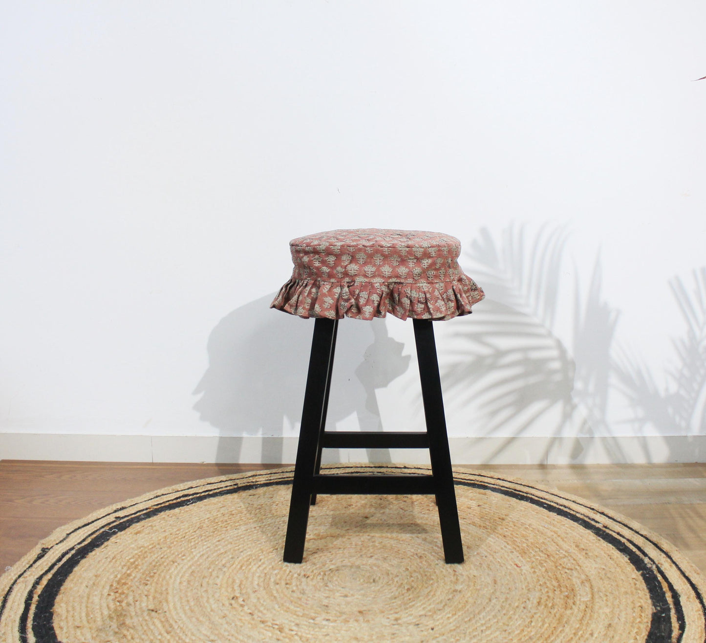Hand Block Printed Floral Linen Barstool Slipcover | Farmhouse Kitchen Stool Cover