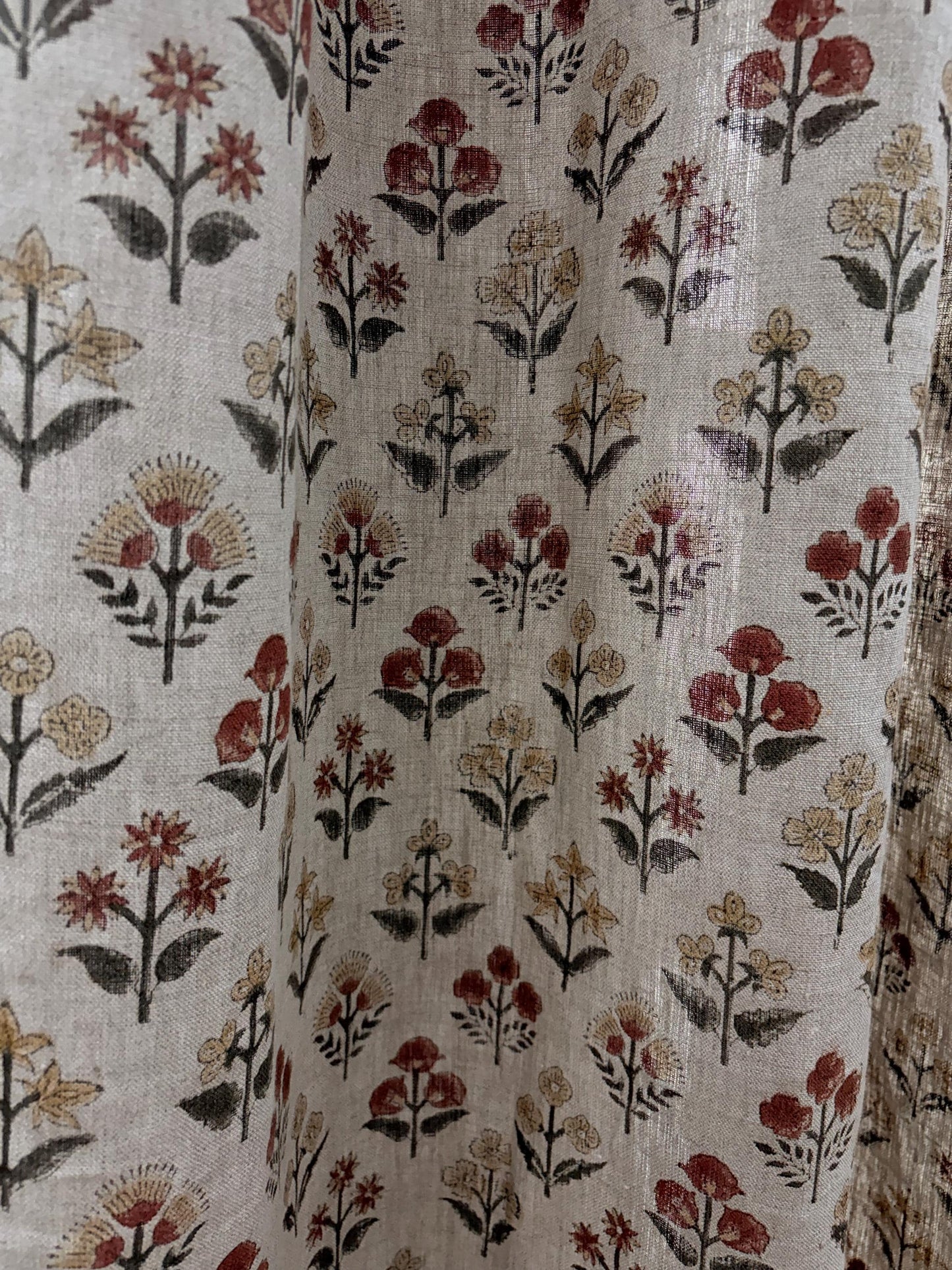 Floral Hand Block Printed Linen Curtain Panel: Natural Boho Farmhouse Drapes