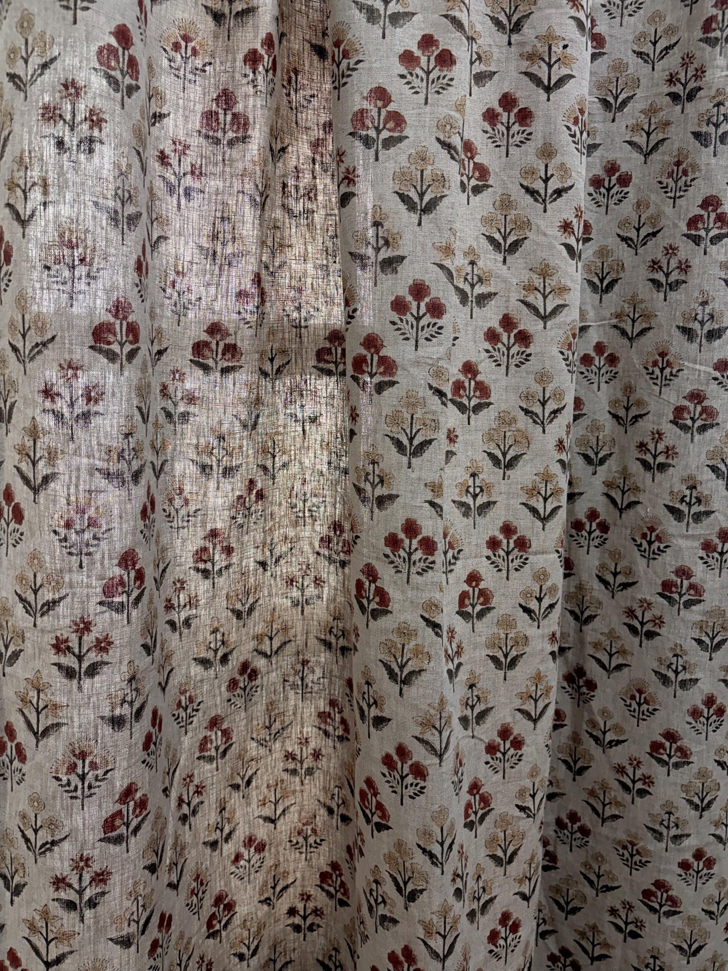 Floral Hand Block Printed Linen Curtain Panel: Natural Boho Farmhouse Drapes