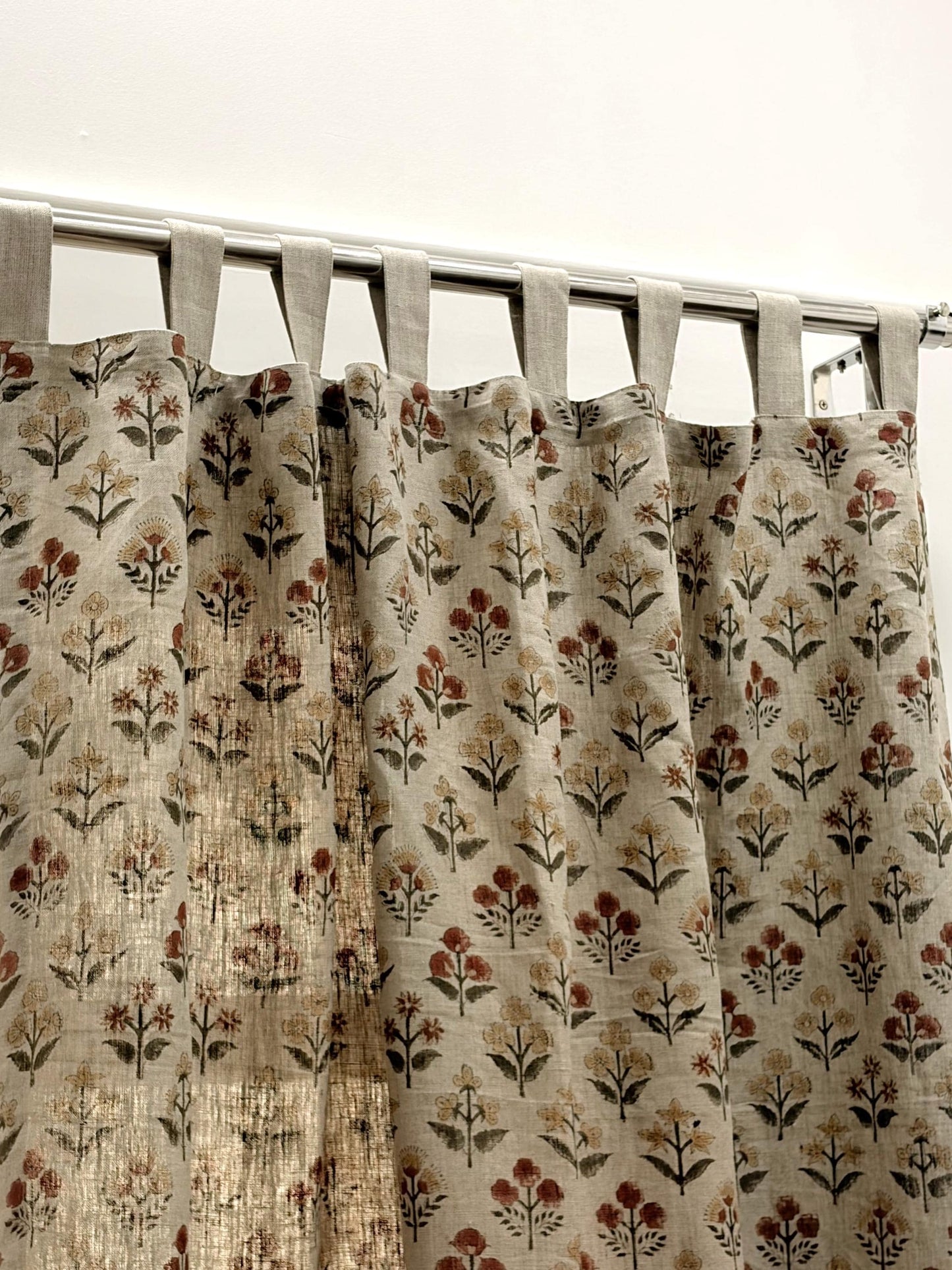 Floral Hand Block Printed Linen Curtain Panel: Natural Boho Farmhouse Drapes