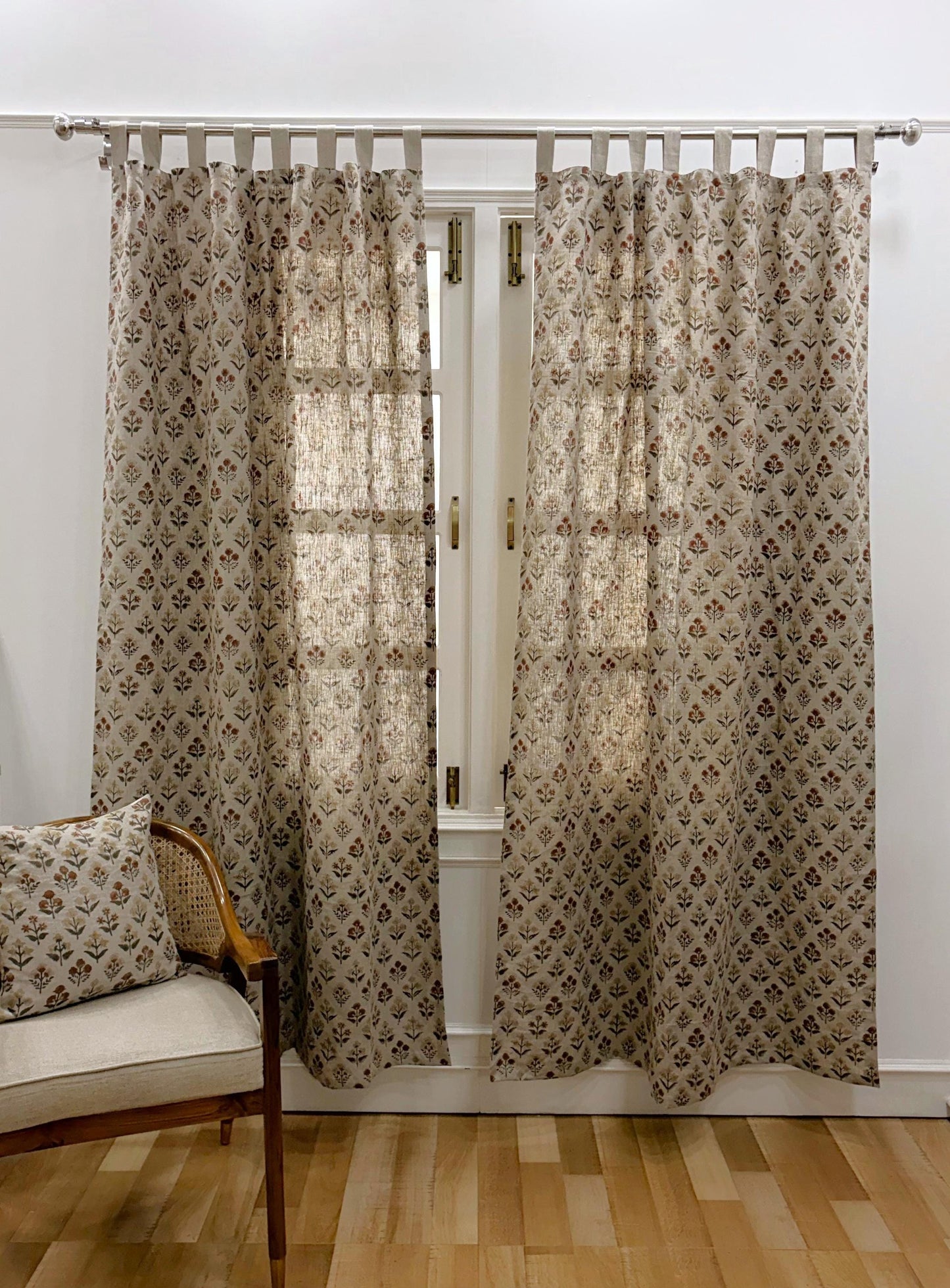 Floral Hand Block Printed Linen Curtain Panel: Natural Boho Farmhouse Drapes