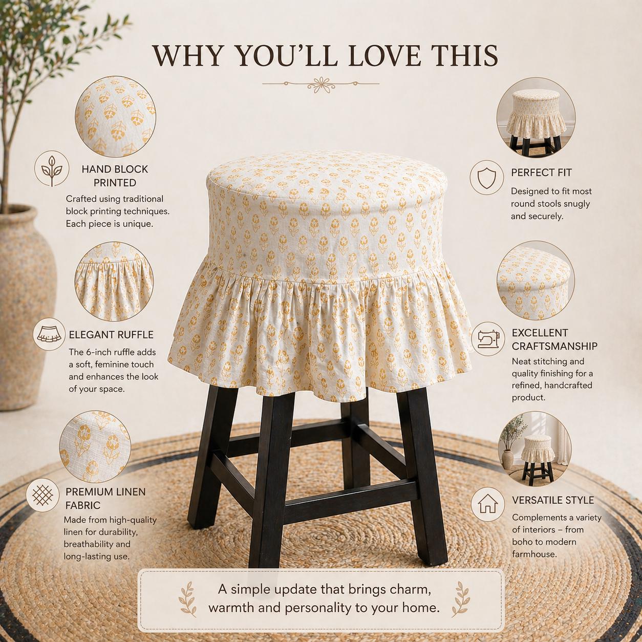 Hand Block Printed Floral Barstool Cover: Cotton Linen Slipcover, Farmhouse Dining Decor