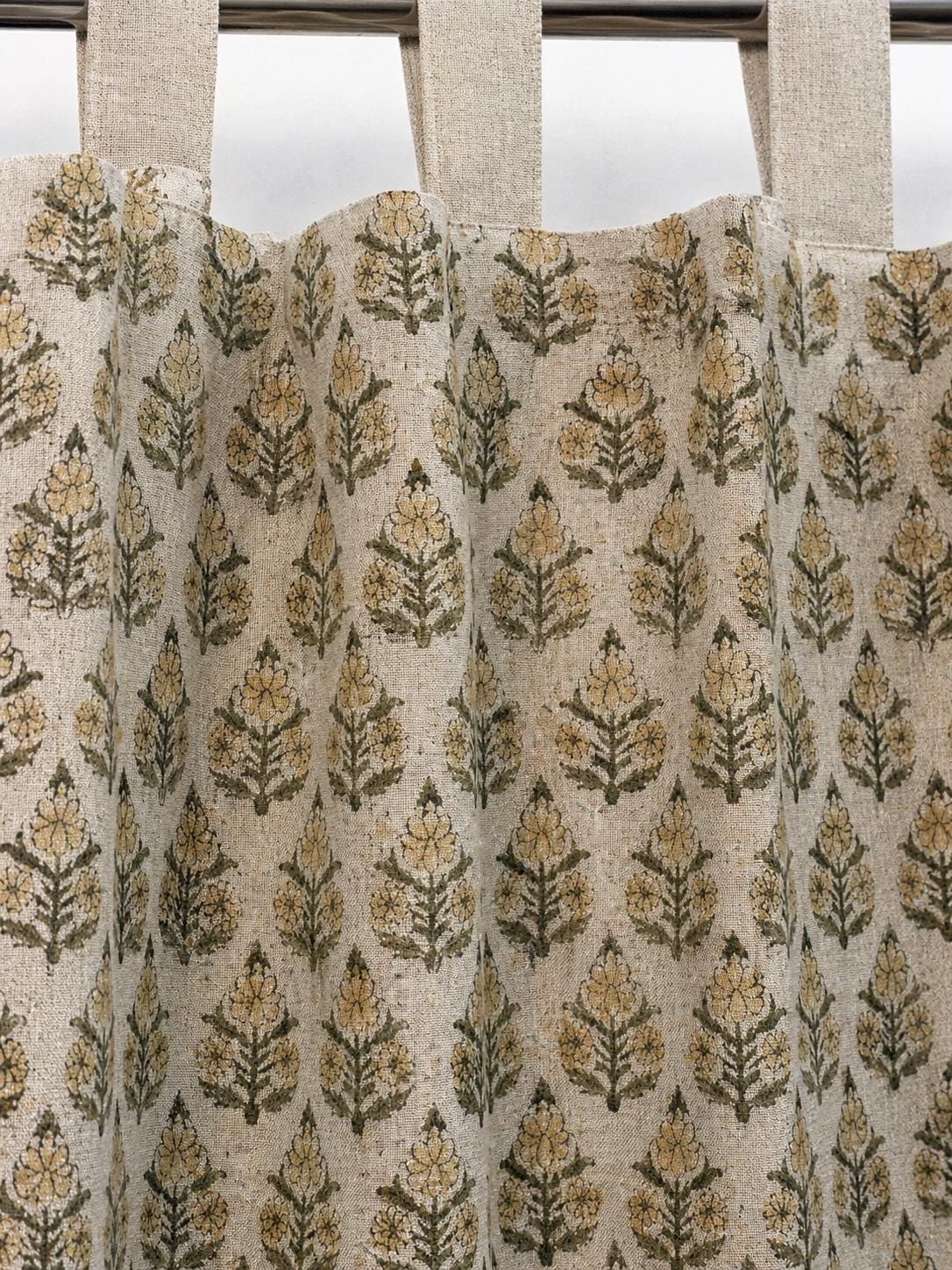 Floral Booti Hand Block Printed Linen Curtain Panel: Natural Boho Farmhouse Drapes