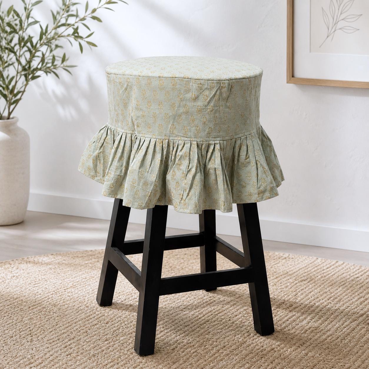 Dusty Green Floral Booti Barstool Slipcover with Ruffles: Cotton Linen Slipcover, Farmhouse Dining Decor
