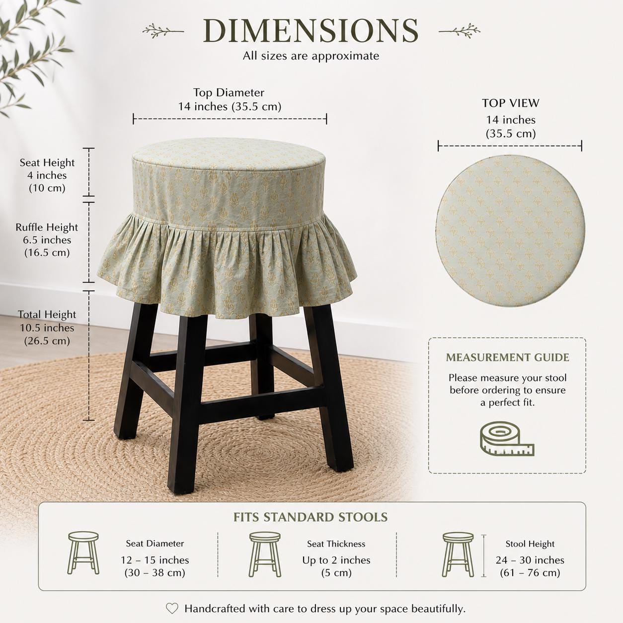 Dusty Green Floral Booti Barstool Slipcover with Ruffles: Cotton Linen Slipcover, Farmhouse Dining Decor