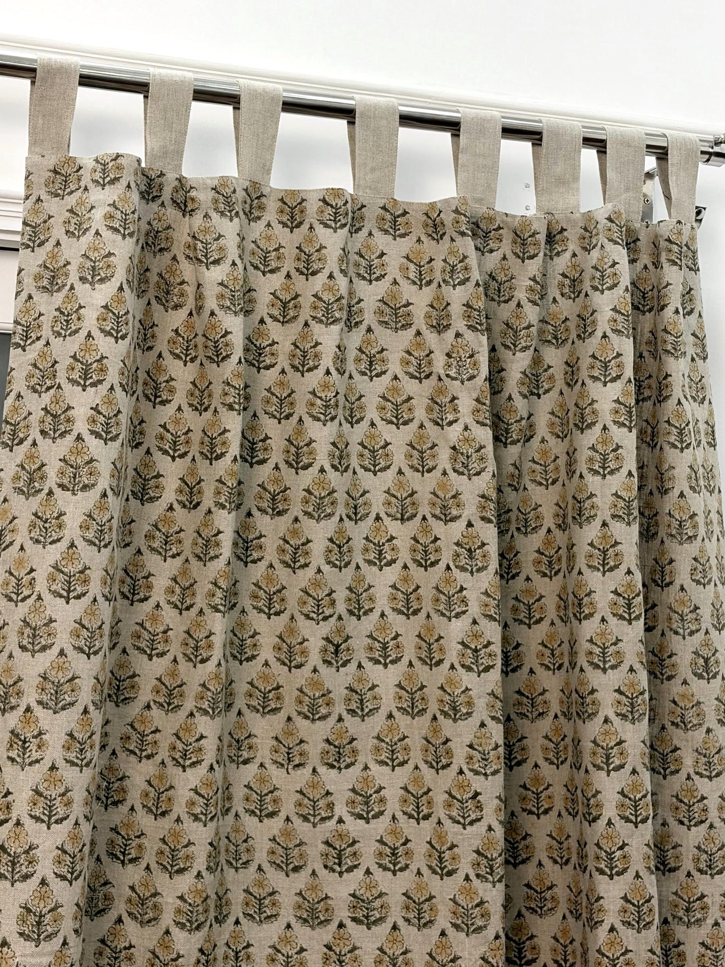 Floral Booti Hand Block Printed Linen Curtain Panel: Natural Boho Farmhouse Drapes