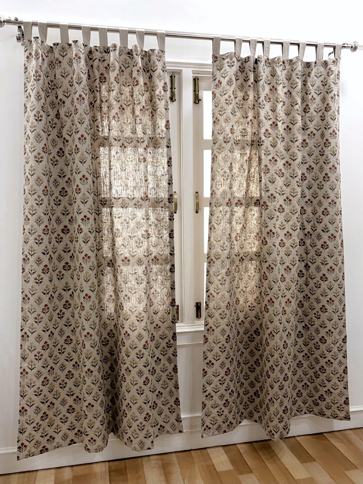 Floral Hand Block Printed Linen Curtain Panel: Natural Boho Farmhouse Drapes