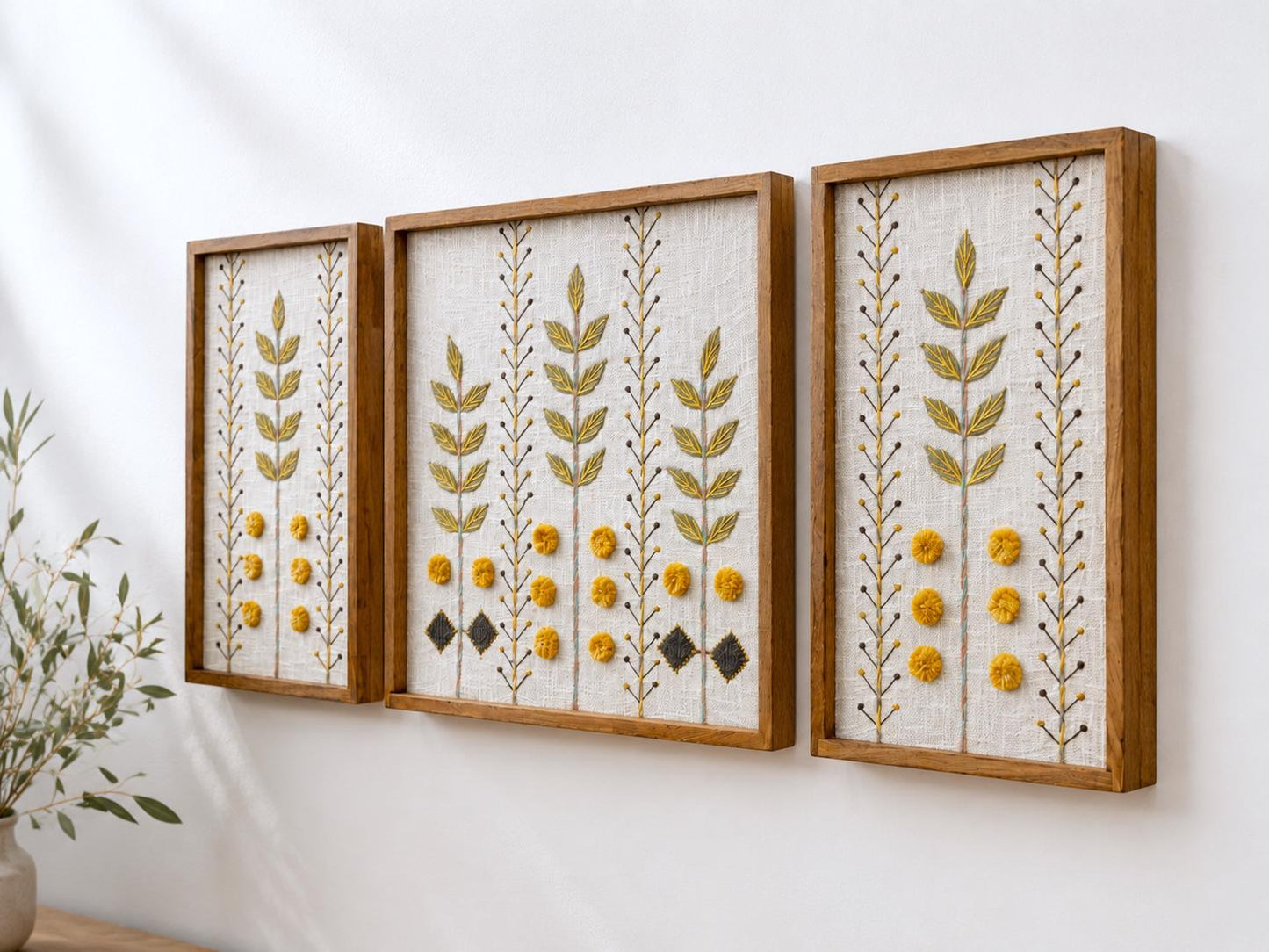 Set of 3 Botanical Embroidered Wall Art, Textured Pom-Pom Fiber Art, Boho Rustic Decor
