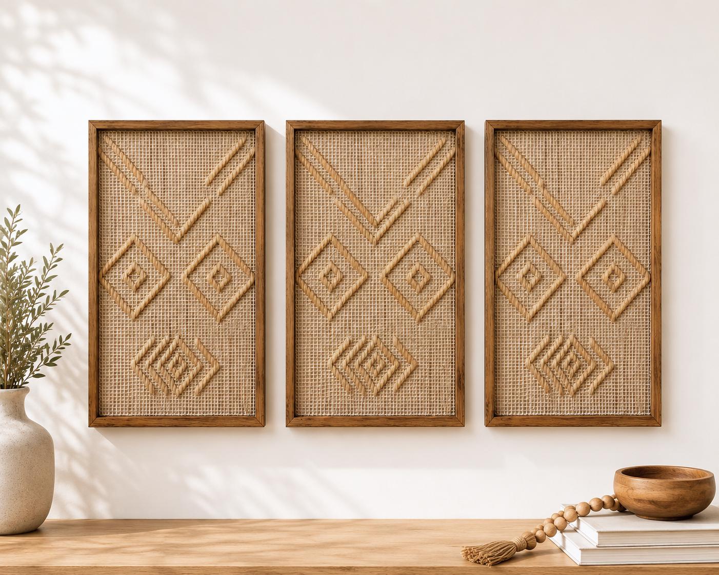 Handwoven Jute Wall Art Set | Acacia Wood Framed Boho Wall Decor Art