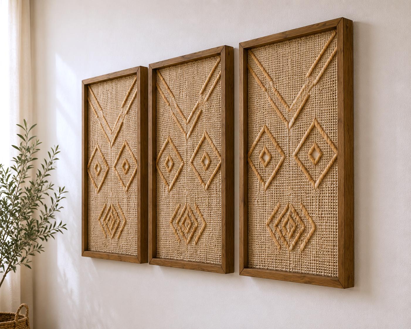 Handwoven Jute Wall Art Set | Acacia Wood Framed Boho Wall Decor Art