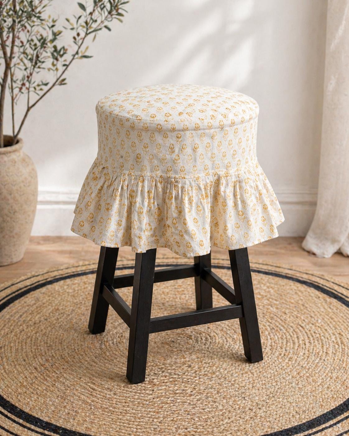 Hand Block Printed Floral Barstool Cover: Cotton Linen Slipcover, Farmhouse Dining Decor