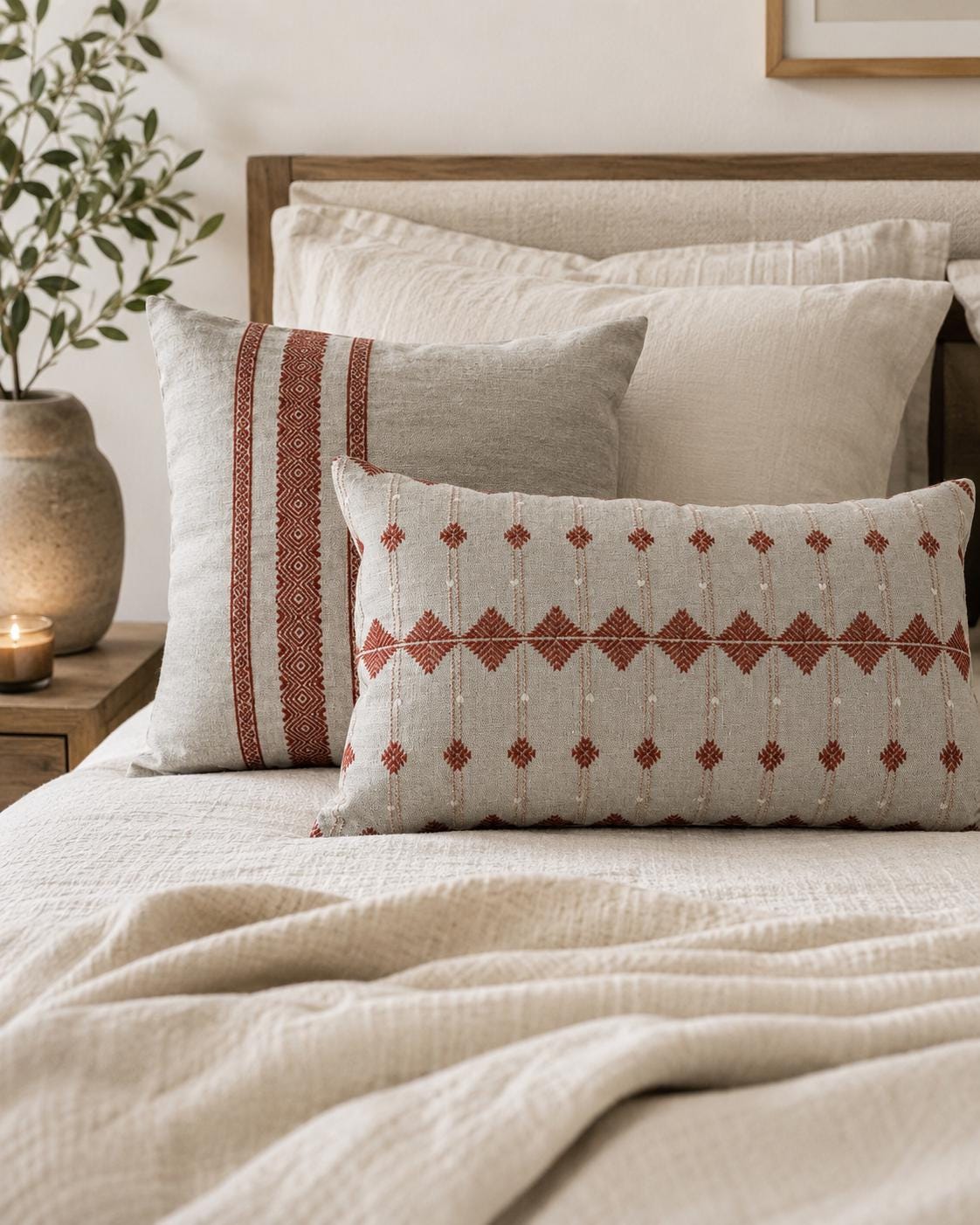 Rust Embroidered Linen Pillow Cover, Geometric Boho Throw Pillow, Neutral Beige Lumbar 14X22, 18X18