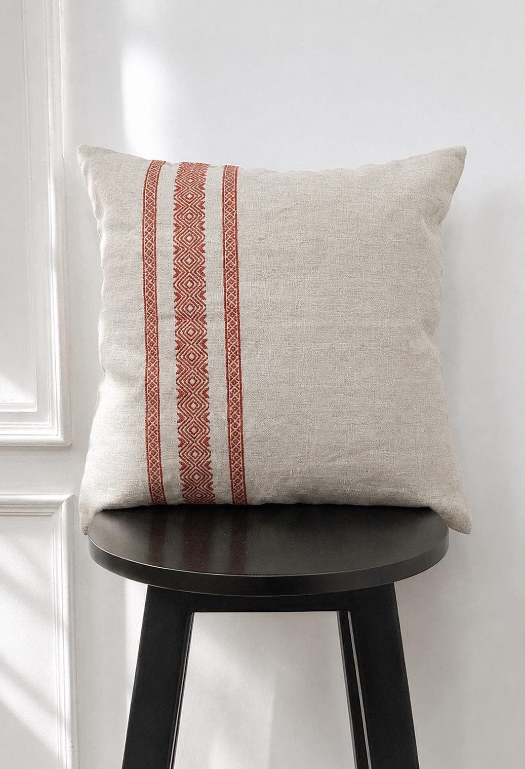 Rust Embroidered Linen Pillow Cover, Geometric Boho Throw Pillow, Neutral Beige Lumbar 14X22, 18X18