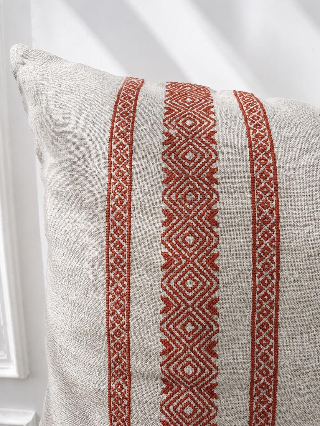 Rust Embroidered Linen Pillow Cover, Geometric Boho Throw Pillow, Neutral Beige Lumbar 14X22, 18X18